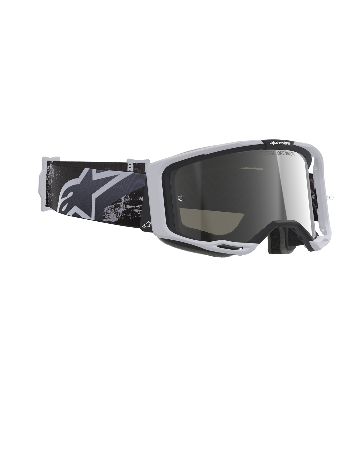 Alpinestars Vision 8 Lahnd Schutzbrille, Motocross-Brille, Iron Camo Mirror Silver, hellgrauer Rahmen mit verspiegelter silberner Linse, schwarz-graues Camouflage-Brillenband mit weißem Alpinestars-Logo, leistungsstarker Offroad-Augenschutz
