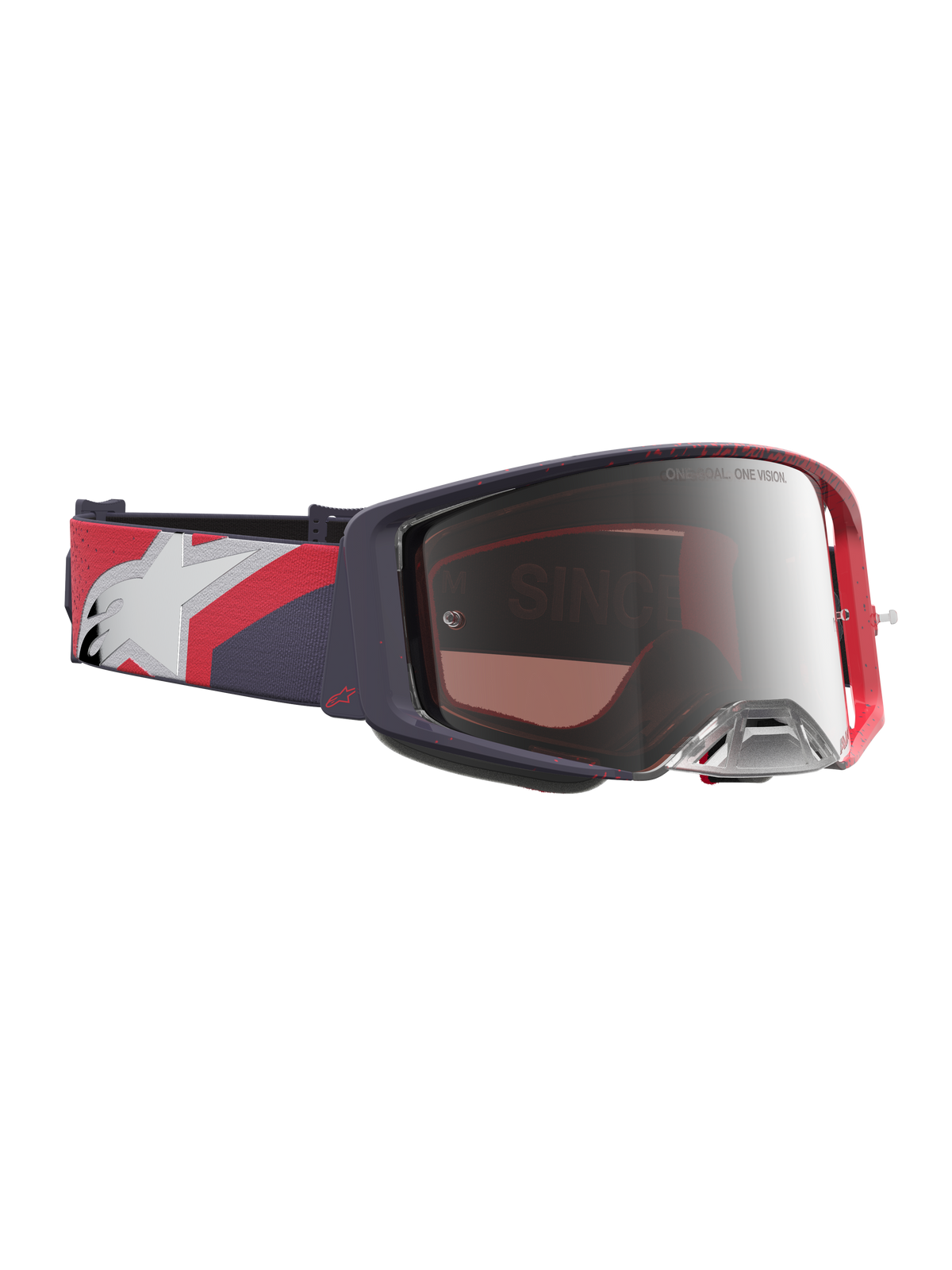 Alpinestars Supertech Hiten Motocross-Schutzbrille, Rahmen in Schwarz und Rot, Silber verspiegeltes Glas und Grafikband.