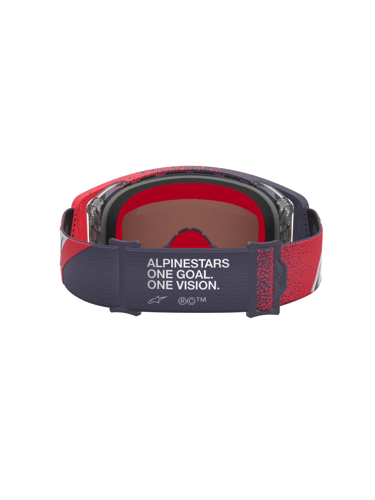 Alpinestars Supertech Hiten Motocross-Schutzbrille in Schwarz und Rot, Rückansicht mit 'One Goal One Vision' Brillenband.