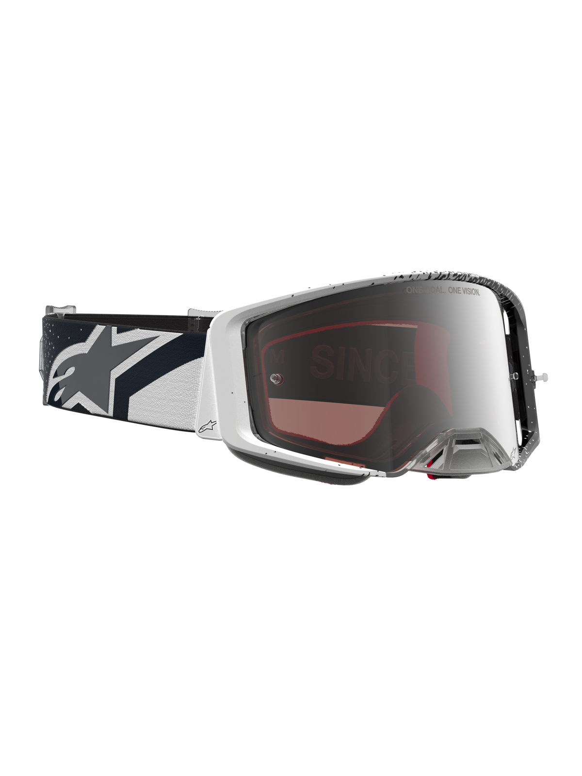 Alpinestars Supertech Hiten Schutzbrille, Motocross-Schutzbrille, Weiß und Schwarz, Mirror-Silber-Glas, elastischer Riemen mit Stern-Logo, professionelle Offroad-Ausrüstung.