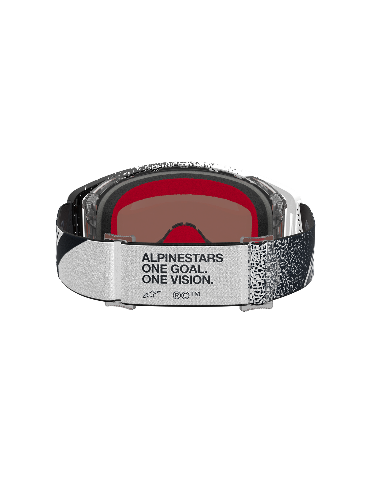 Alpinestars Supertech Hiten Motocross-Schutzbrille, Rückansicht in Schwarz und Weiß mit Marken-Strap und Innenschaum.