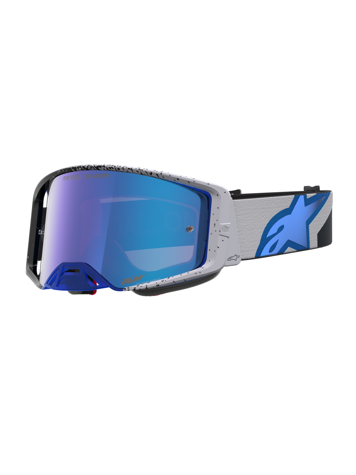 Alpinestars Supertech Schutzbrille Hiten, Motocross-Schutzbrille in Hellgrau und Blau mit blau verspiegelter Scheibe.