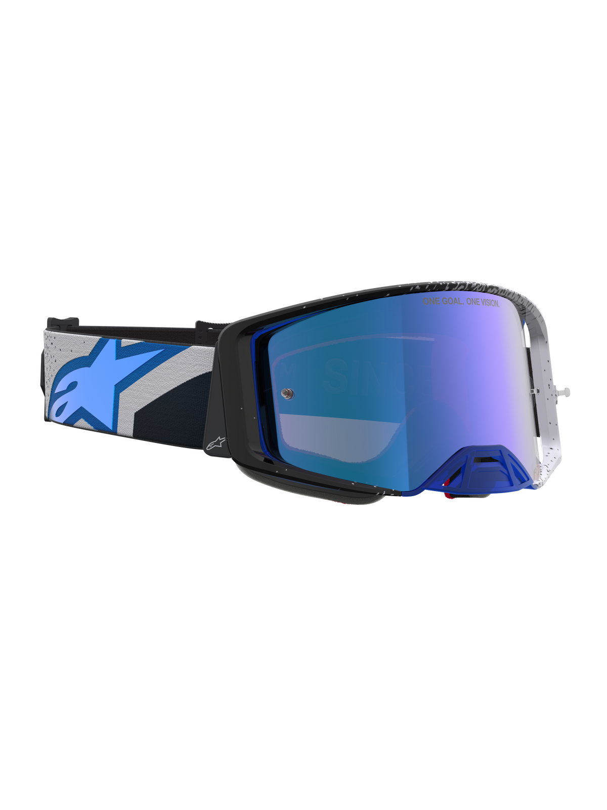 Alpinestars Supertech Schutzbrille Hiten, Motocross-Schutzbrille in Schwarz und Blau, verspiegelte blaue Linse mit hoher Klarheit, verstellbares Band mit Alpinestars-Logo, Offroad-Ausrüstung