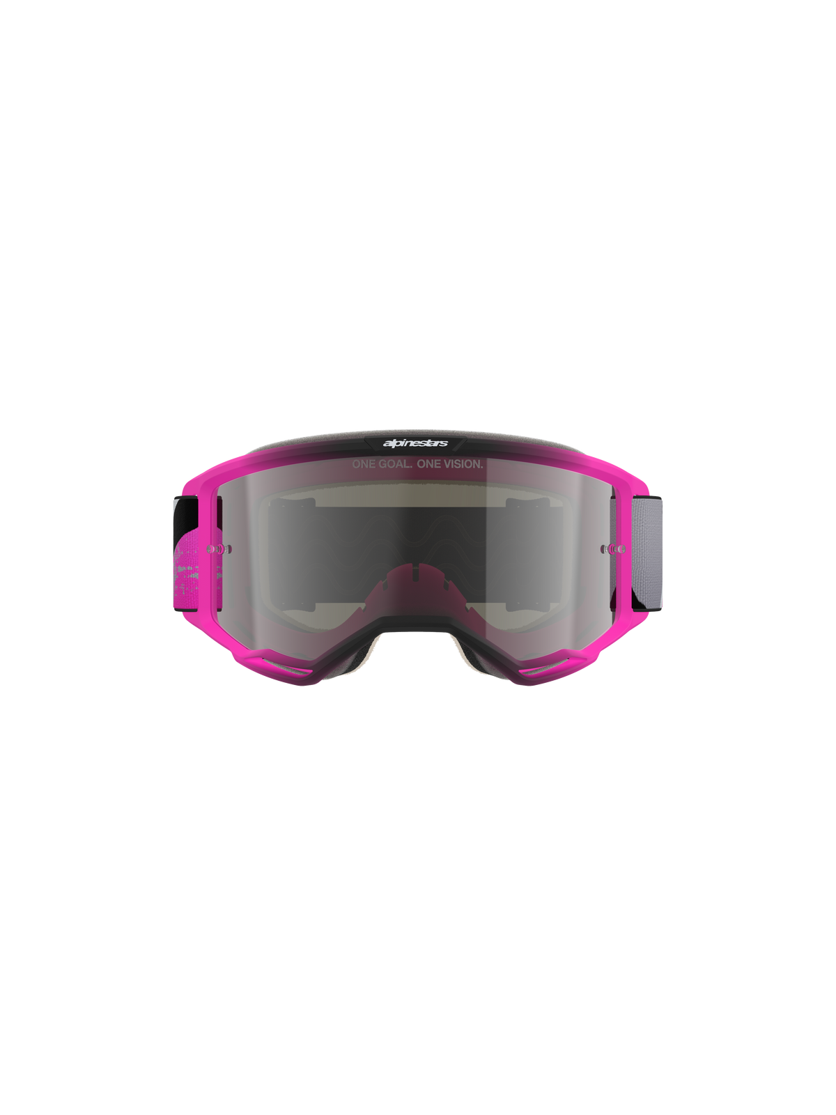 Alpinestars Vision 5 Lahnd Goggles, Motocross Goggles, Iron Pink Fluo with Mirror Silver Lens, bright pink frame with silver tinted mirror lens, features 'ONE GOAL. ONE VISION.' text, sleek aerodynamic design for off-road racing