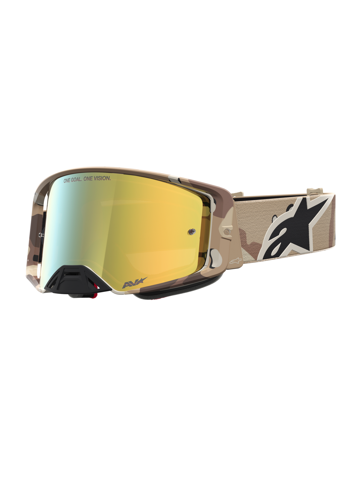 Alpinestars Supertech Lone Motocross-Schutzbrille, Wüstencamo und Gold verspiegelt, hochwertige Optik für Offroad-Rennen.
