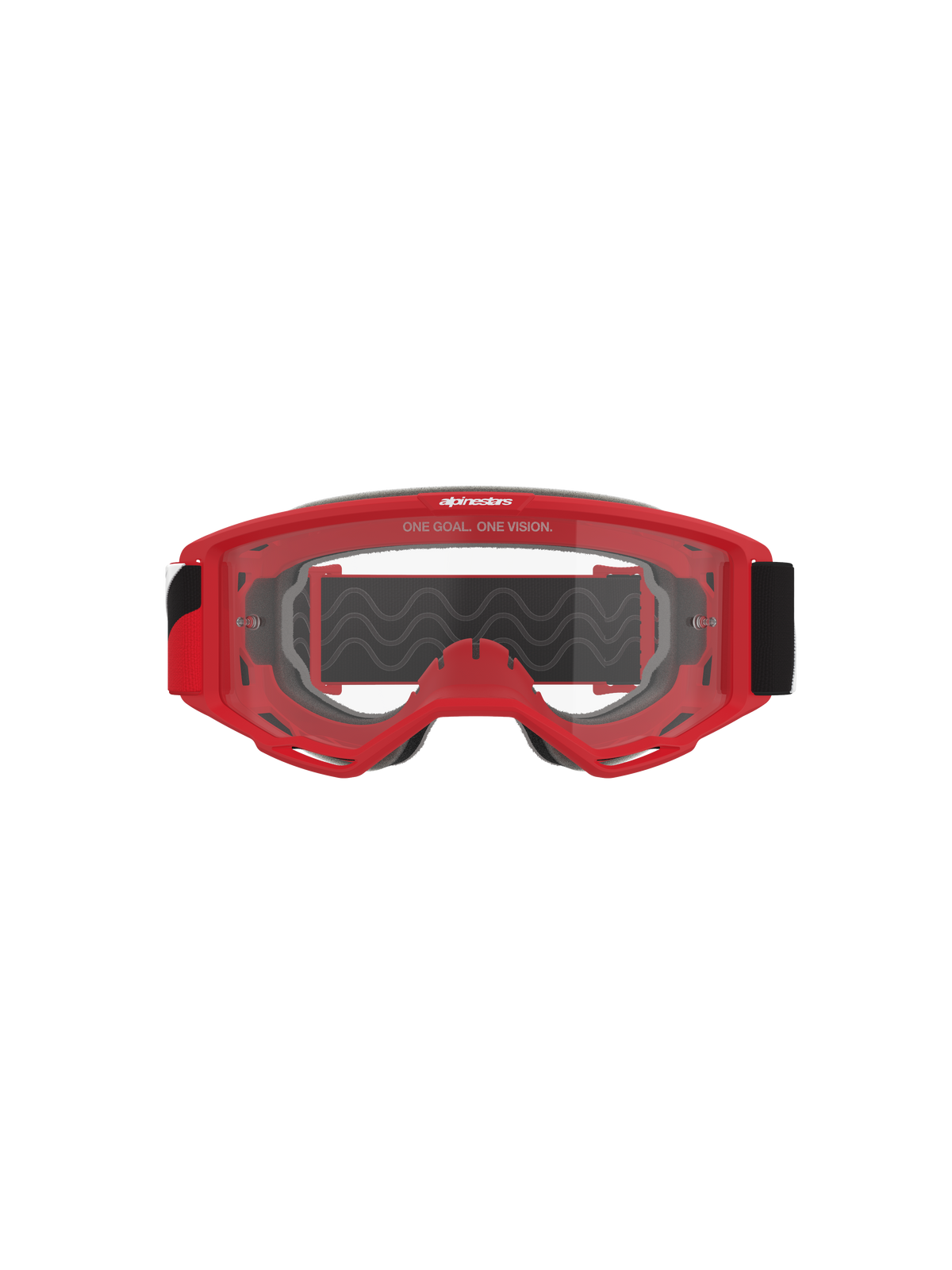 Alpinestars Vision Goggles OTG, Motocross-Brille, roter Rahmen mit klarer beschlagfreier Scheibe, Vorderansicht mit dem Slogan „ONE GOAL. ONE VISION.“, breites schwarzes Band, leistungsstarker Augenschutz für den Offroad-Rennsport
