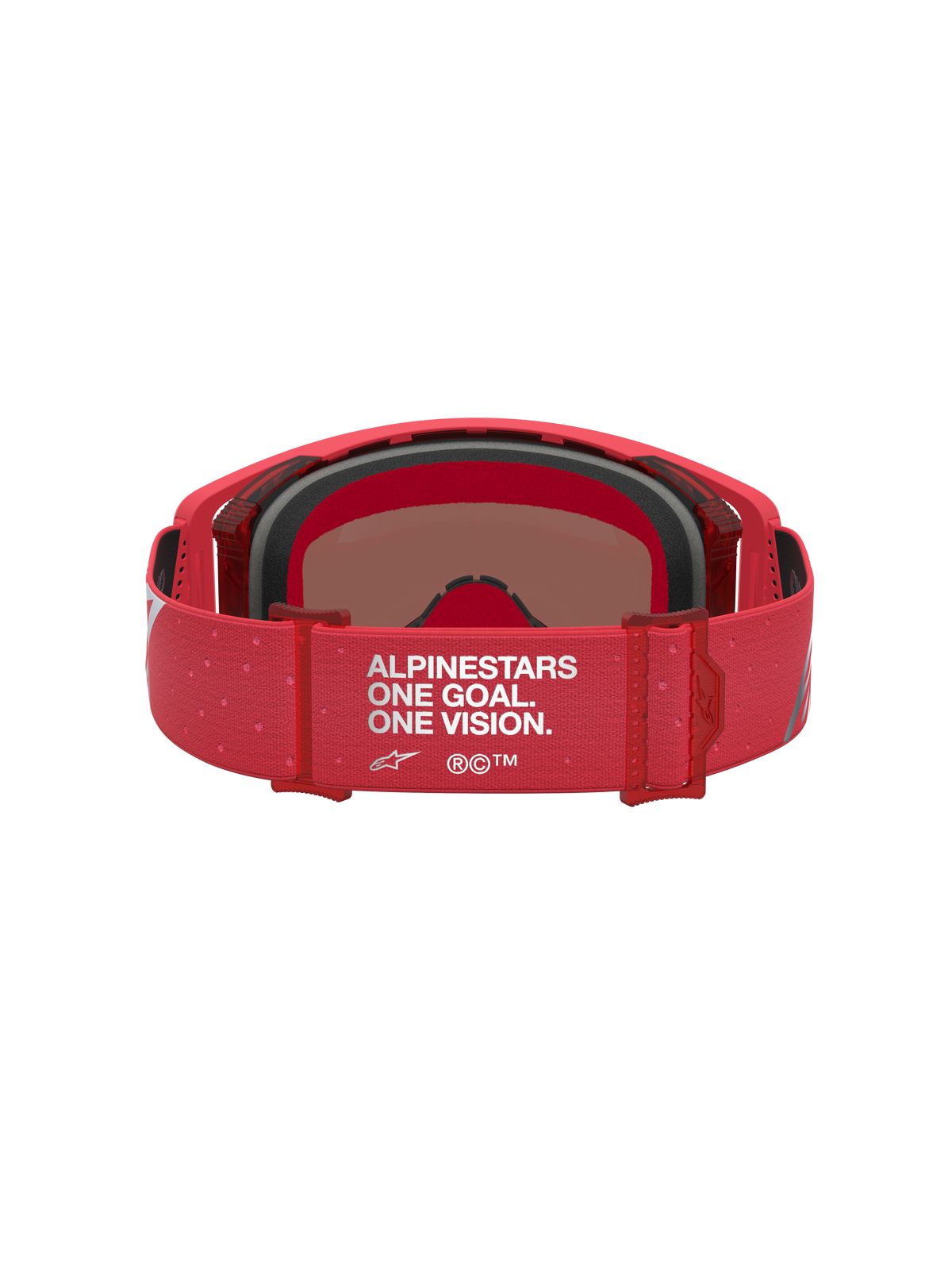 Alpinestars Supertech Vesta Motocross Goggles, Red Fluo and Silver, showing the adjustable One Goal One Vision rear strap.