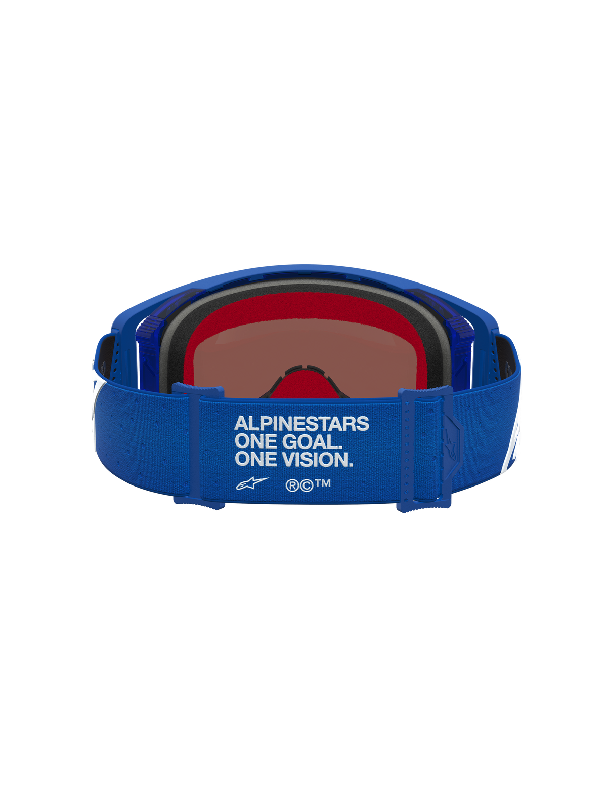 Alpinestars Supertech Vesta Motocross-Schutzbrille in Blau und Weiß mit Slogan auf dem Gurt und verspiegelter Scheibe.