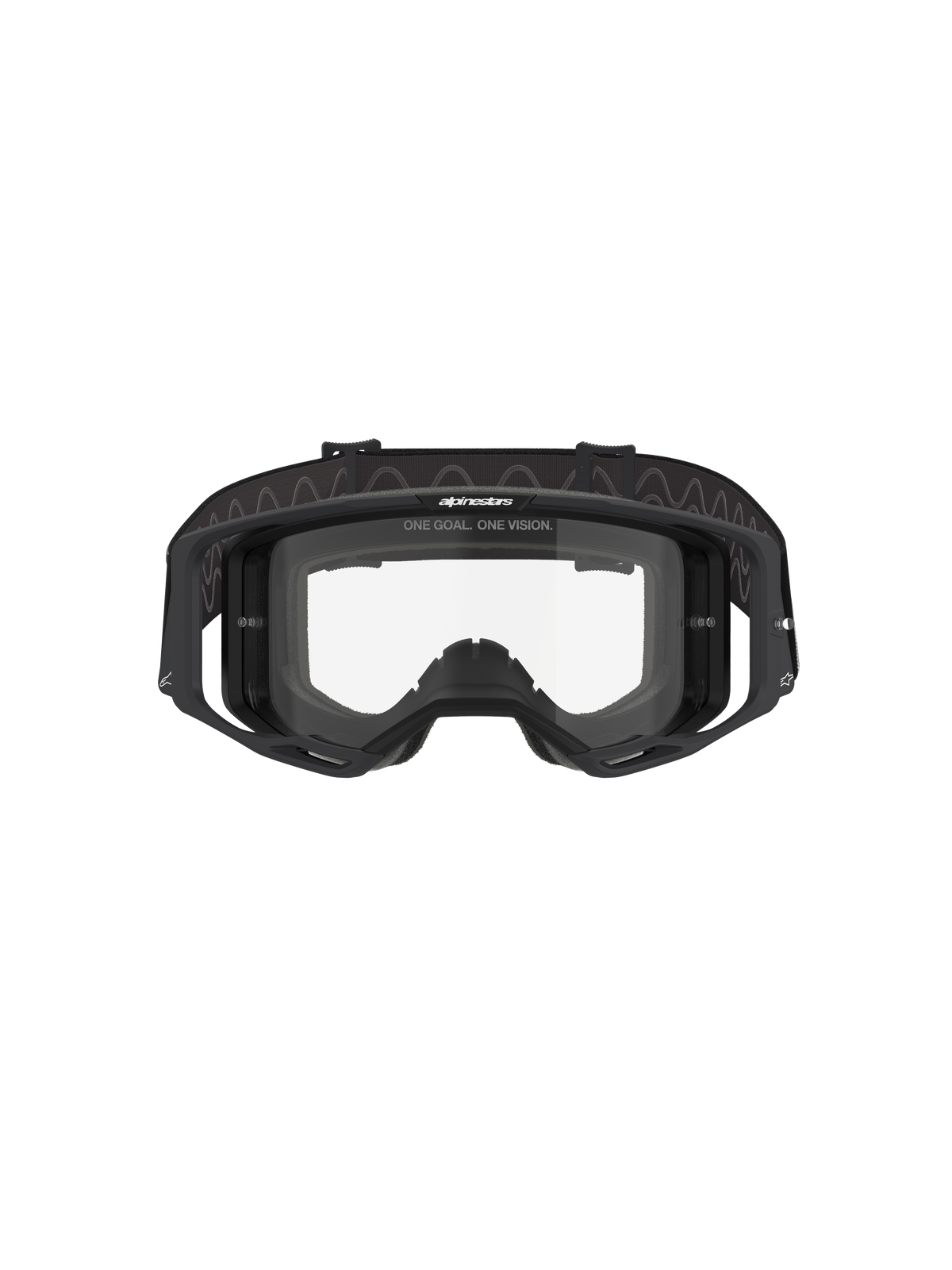 Alpinestars Vision 8 Corp Goggles, Motocross-Brille, schwarzer Rahmen mit klarem Glas, Vorderansicht mit Wide-View-Design, integrierten Auslegern und gewebtem Riemen mit Alpinestars-Branding, professioneller Augenschutz für Offroad-Rennen