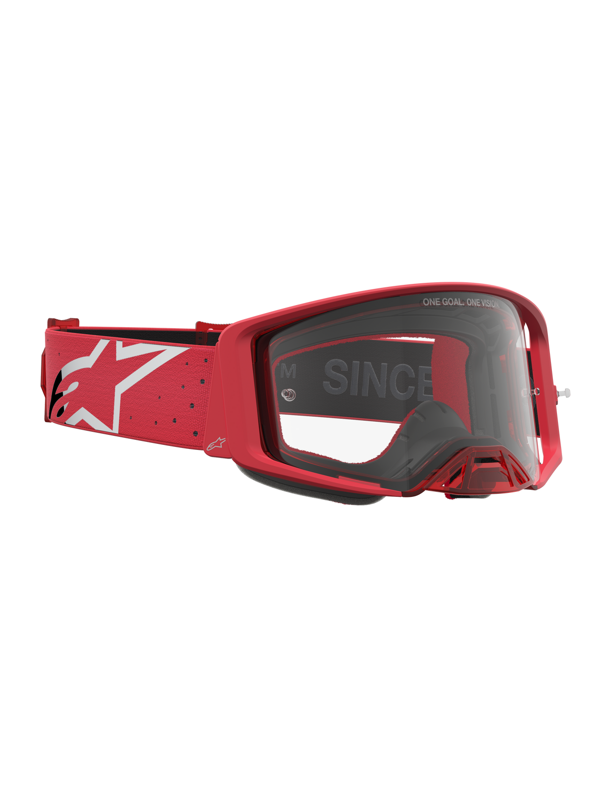 Alpinestars Supertech Vesta Goggles, Motocross Racing Goggles, Red and White, featuring clear optics and a logo strap.