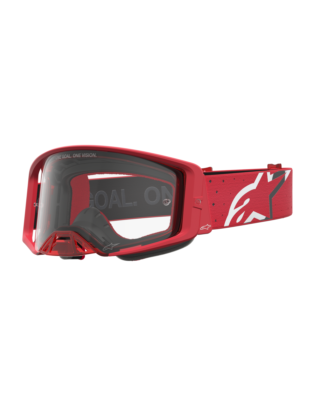 Red Alpinestars Supertech Vesta Motocross Goggles featuring a clear polycarbonate lens and white star logo strap.