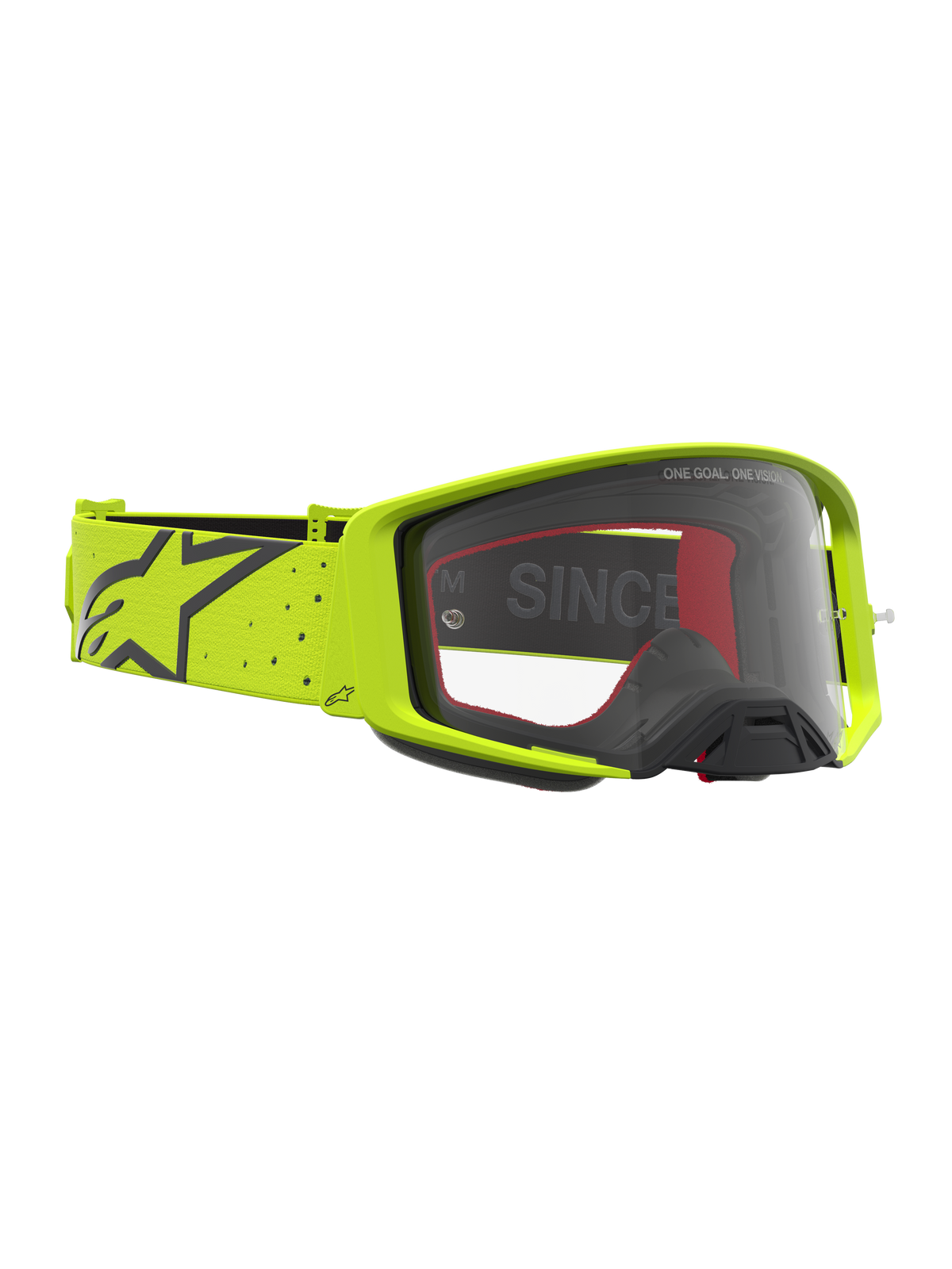 Alpinestars Supertech Vesta Motocross Goggles in yellow fluo and black, featuring a clear lens and a wide elastic strap.