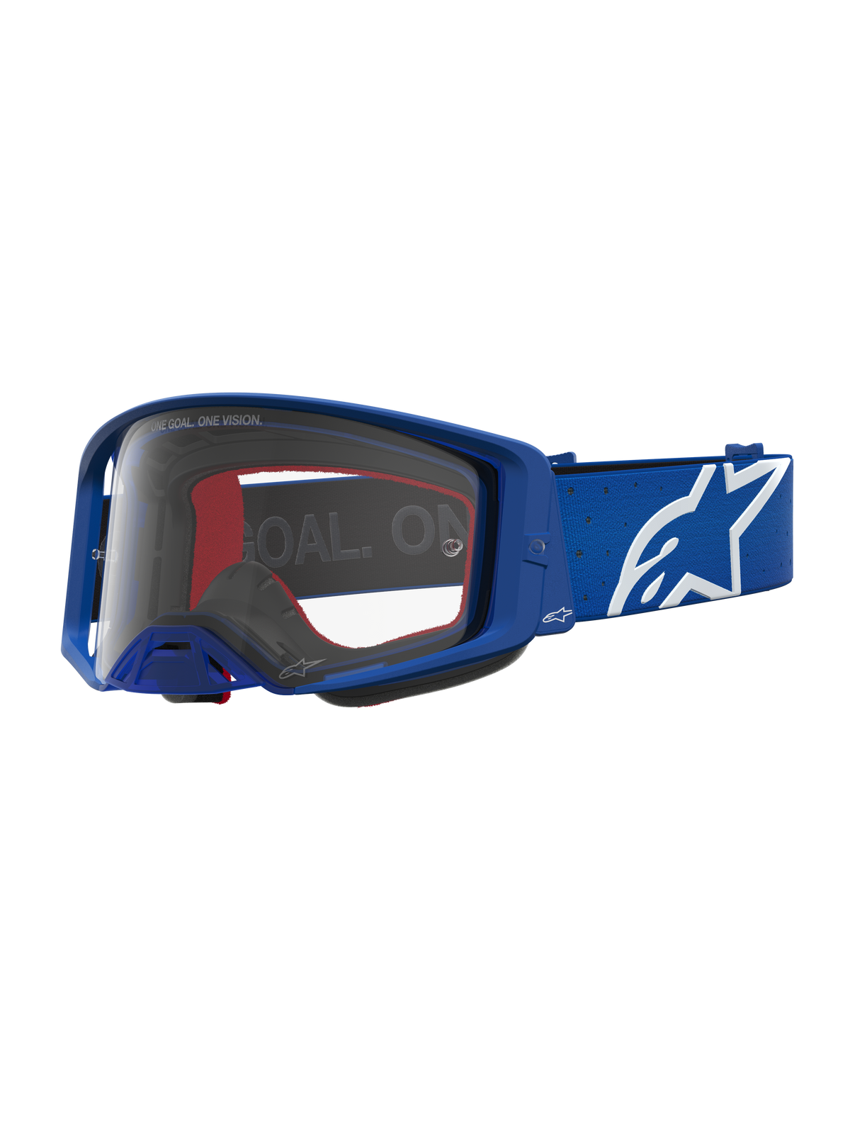Alpinestars Supertech Vesta Schutzbrille, Blau und Weiß, Motocross-Brille mit klarer Polycarbonat-Linse und weißem Stern-Logo.