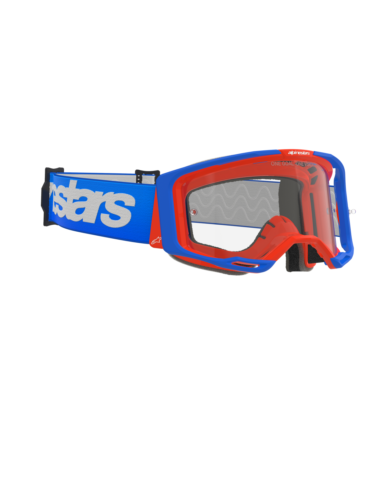Alpinestars Vision 8 Wordmark Goggles, Motocross Goggles, Blue and Orange, clear anti-fog lens, wide blue strap with white Alpinestars branding, angular frame with outrigger system, high-performance off-road racing eyewear