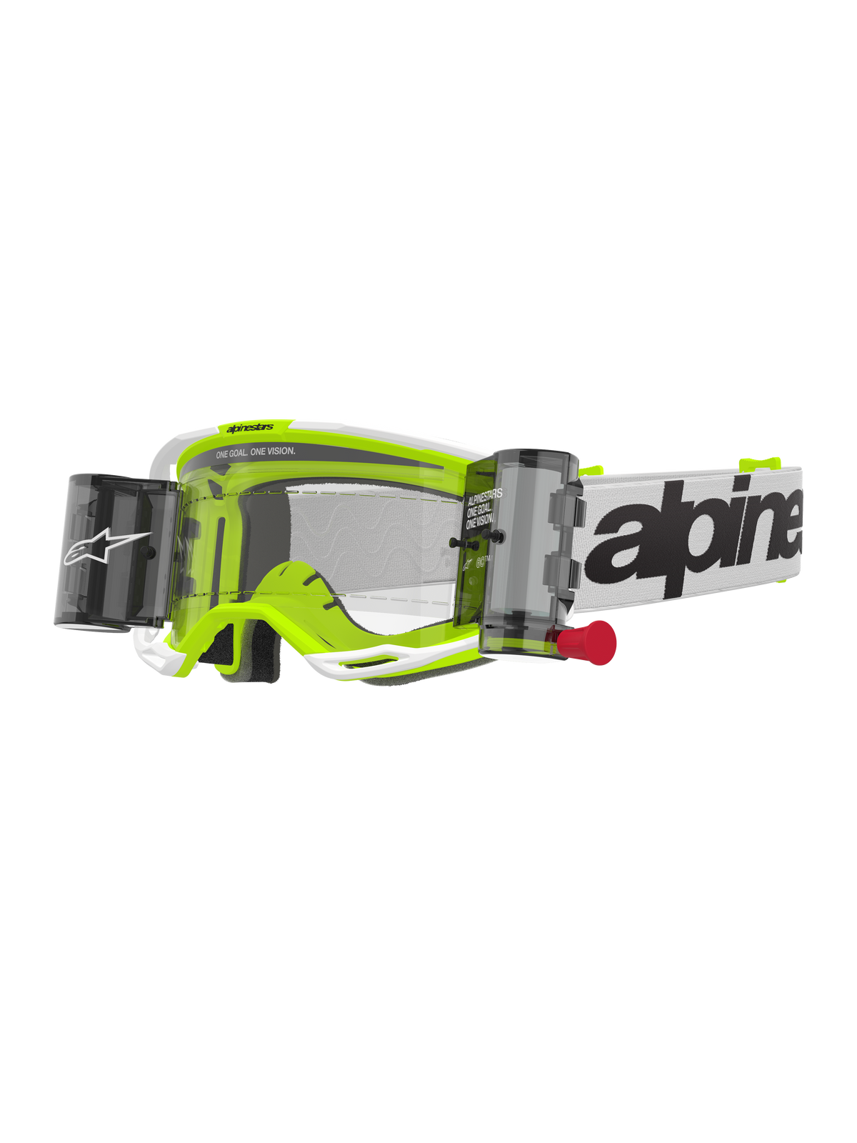 Alpinestars Vision 8 Wordmark Goggles Roll Off, Motocross Goggles, White and Fluorescent Yellow, Clear Lens with Roll-Off System, white strap with black Alpinestars wordmark, red pull tab, professional off-road racing eye protection