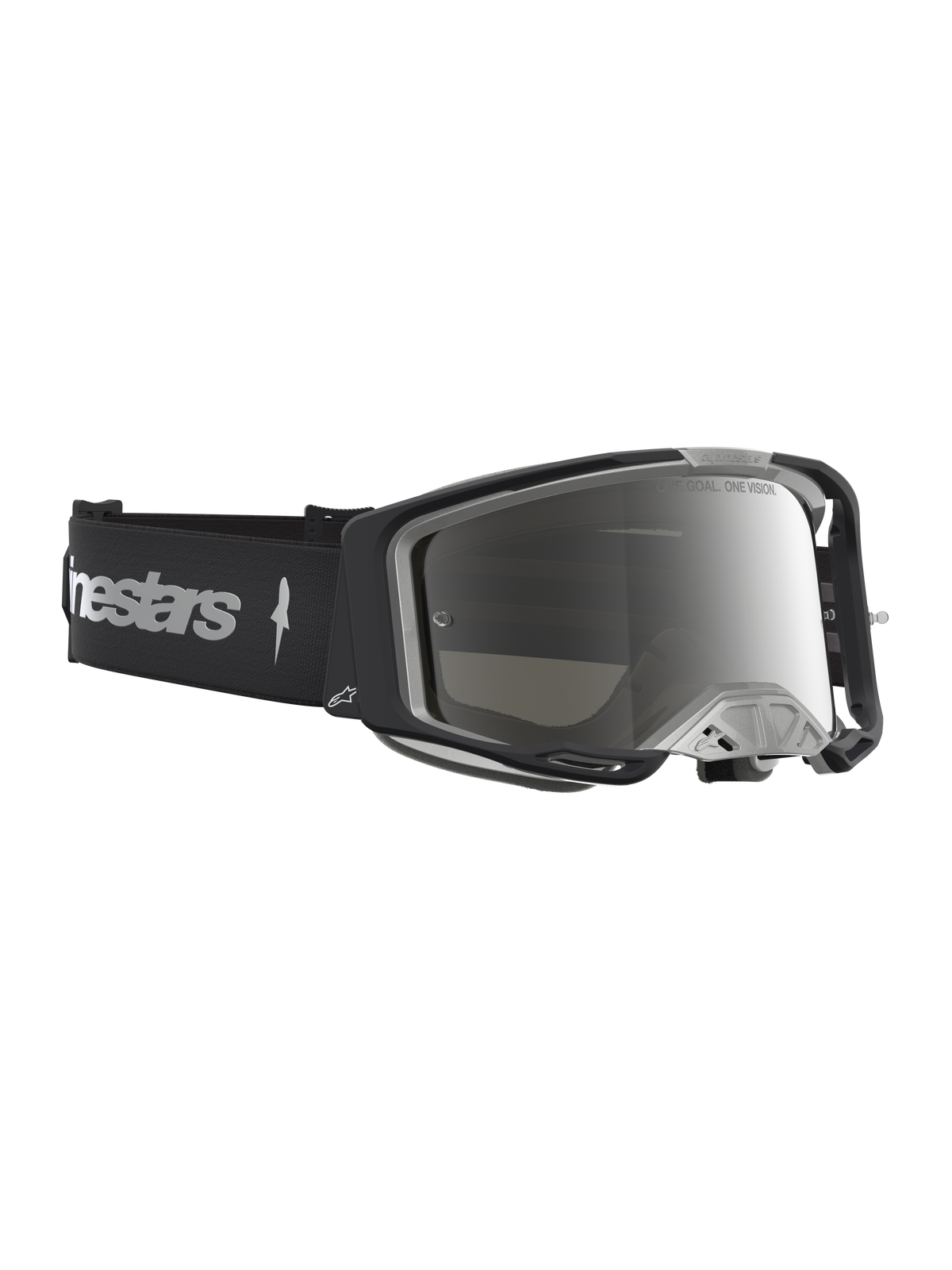 Alpinestars Vision 8 Amber Mirror Motocross Goggles, Black and Silver, with flexible A-FLEX frame and anti-fog lens.