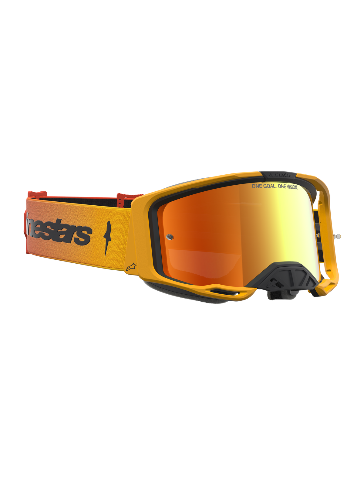 Alpinestars Vision 8 Amber Mirror Schutzbrille für Motocross, bernsteinfarbener Rahmen und rotes Antibeschlag-Spiegelglas.