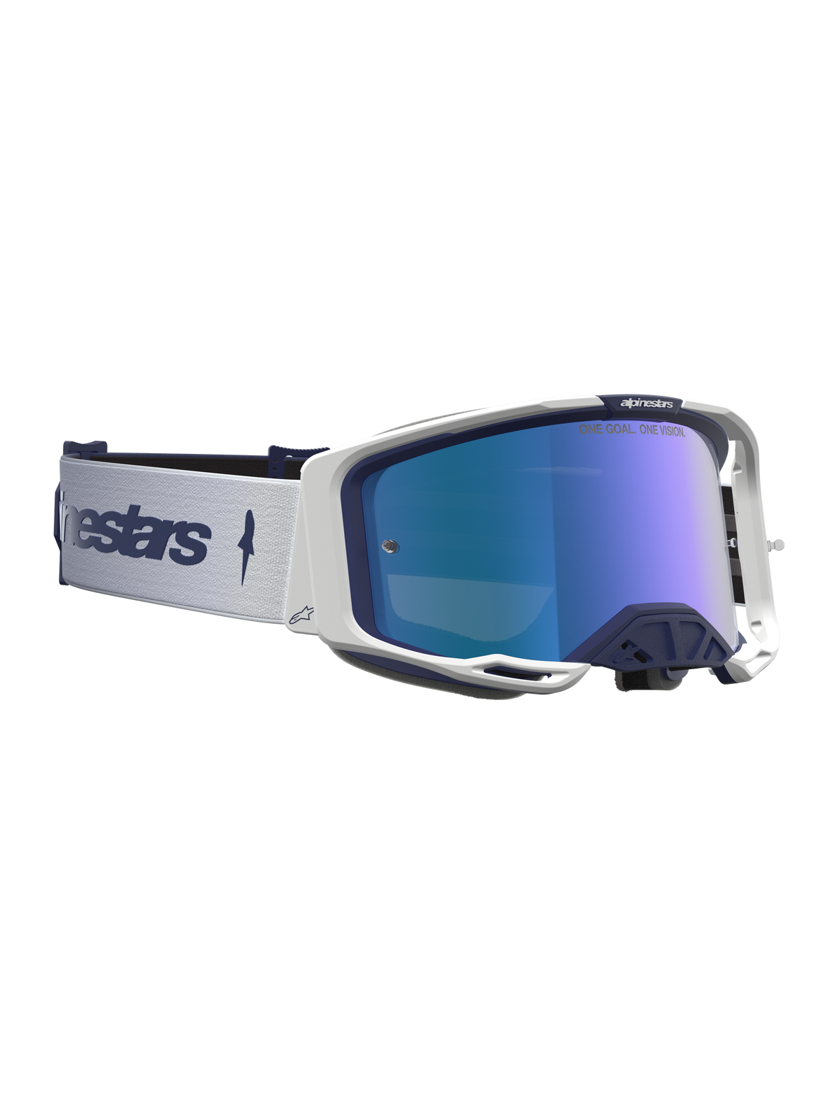 Alpinestars Vision 8 Schutzbrille Amber Mirror in Navy und Weiß, blau verspiegeltes Glas und RAM-AIR-Belüftung.