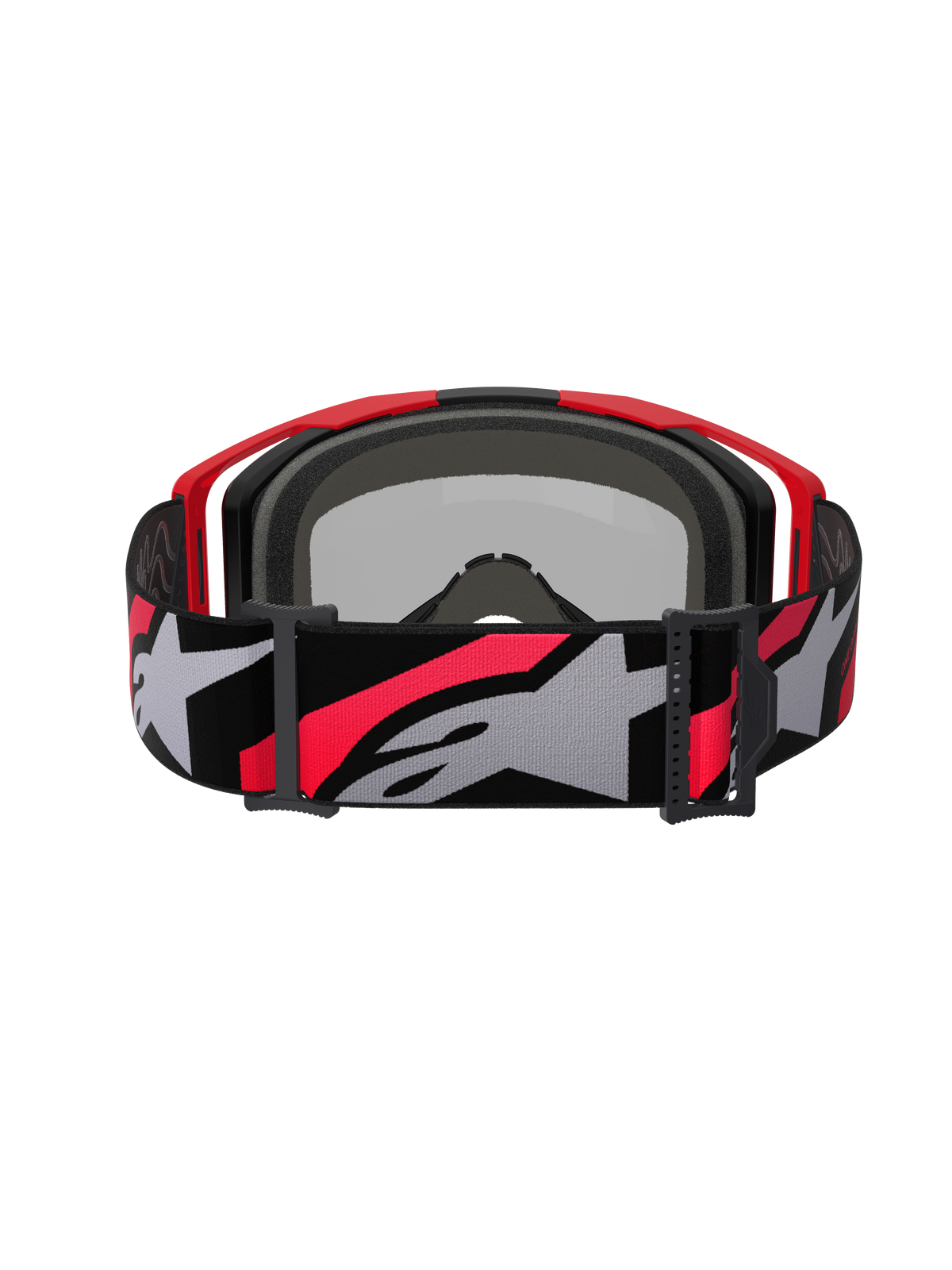 Alpinestars Vision 8 Luar Goggles, Motocross-Brille, Rot, Schwarz und Mirror Silver, breites gewebtes Band mit markantem grauem und rotem Alpinestars-Logo, Rückansicht zeigt schwarzen Gesichtsschaum und roten Rahmen, leistungsstarke Schutzbrille