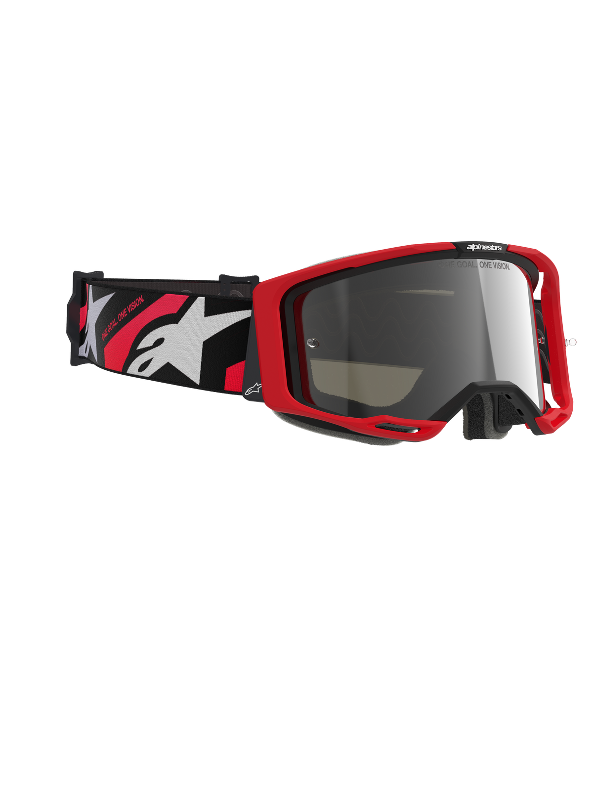 Alpinestars Vision 8 Luar Goggles, Motocross-Brille, roter und schwarzer Rahmen mit silber verspiegelter Scheibe, breites gewebtes Band mit rotem und weißem Alpinestars-Branding und „ONE GOAL. ONE VISION.“ Text, Hochleistungs-Schutzbrille für Offroad-Rennen