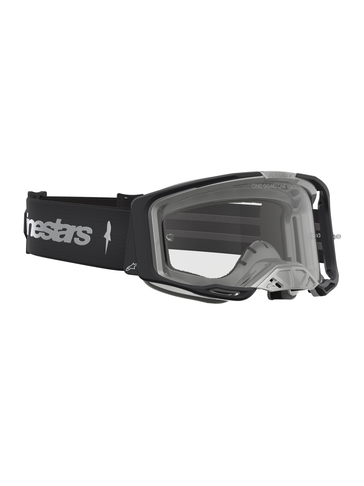 Alpinestars Vision 8 Amber Motocross-Schutzbrille, Schwarz und Silber, A-FLEX-Rahmen mit klarer Scheibe und RAM-AIR-System.