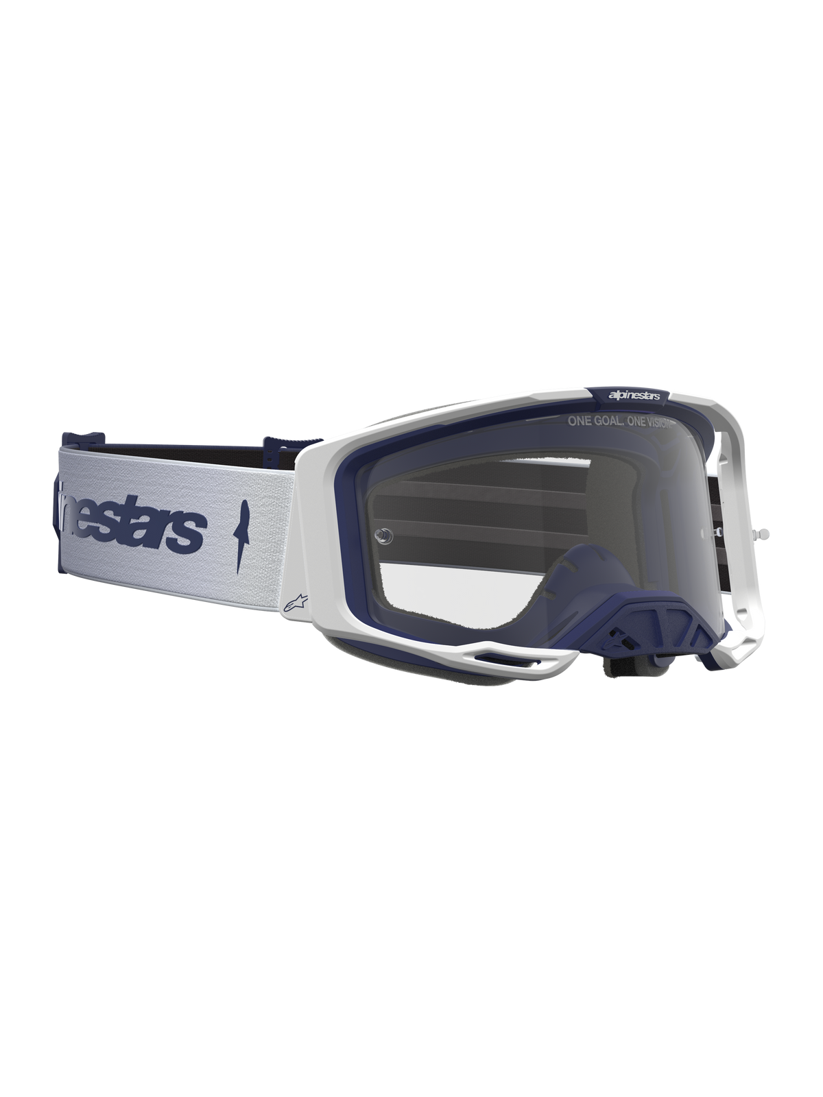 Alpinestars Vision 8 Schutzbrille Amber in Weiß und Navyblau, mit klarer Scheibe und A-FLEX-Rahmen für Motocross.