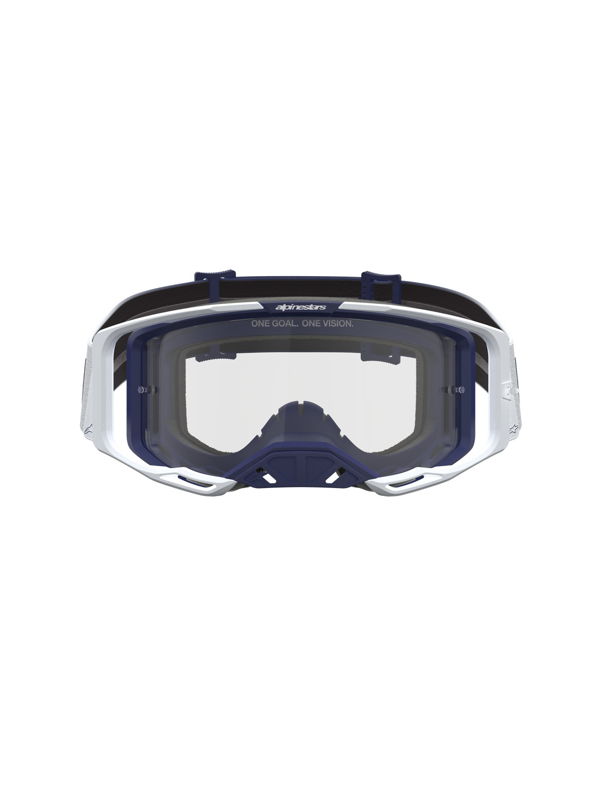 Alpinestars Vision 8 Schutzbrille Amber, Unisex Motocross-Schutzbrille in Weiß und Navy-Blau, A-FLEX Rahmen mit klarer Sichtscheibe und RAM-AIR Belüftungssystem.
