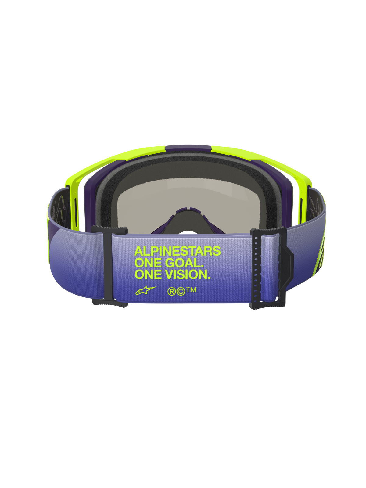 Alpinestars Vision 8 Corp Goggles, Rückansicht mit Fokus auf das Band mit lila-blauem Farbverlauf, mit dem Schriftzug „ALPINESTARS ONE GOAL. ONE VISION.“ in Neongelb, leuchtend gelber und lila A-FLEX-Rahmen mit schwarzem Gesichtsschaum, professionelle Motocross-Brille.