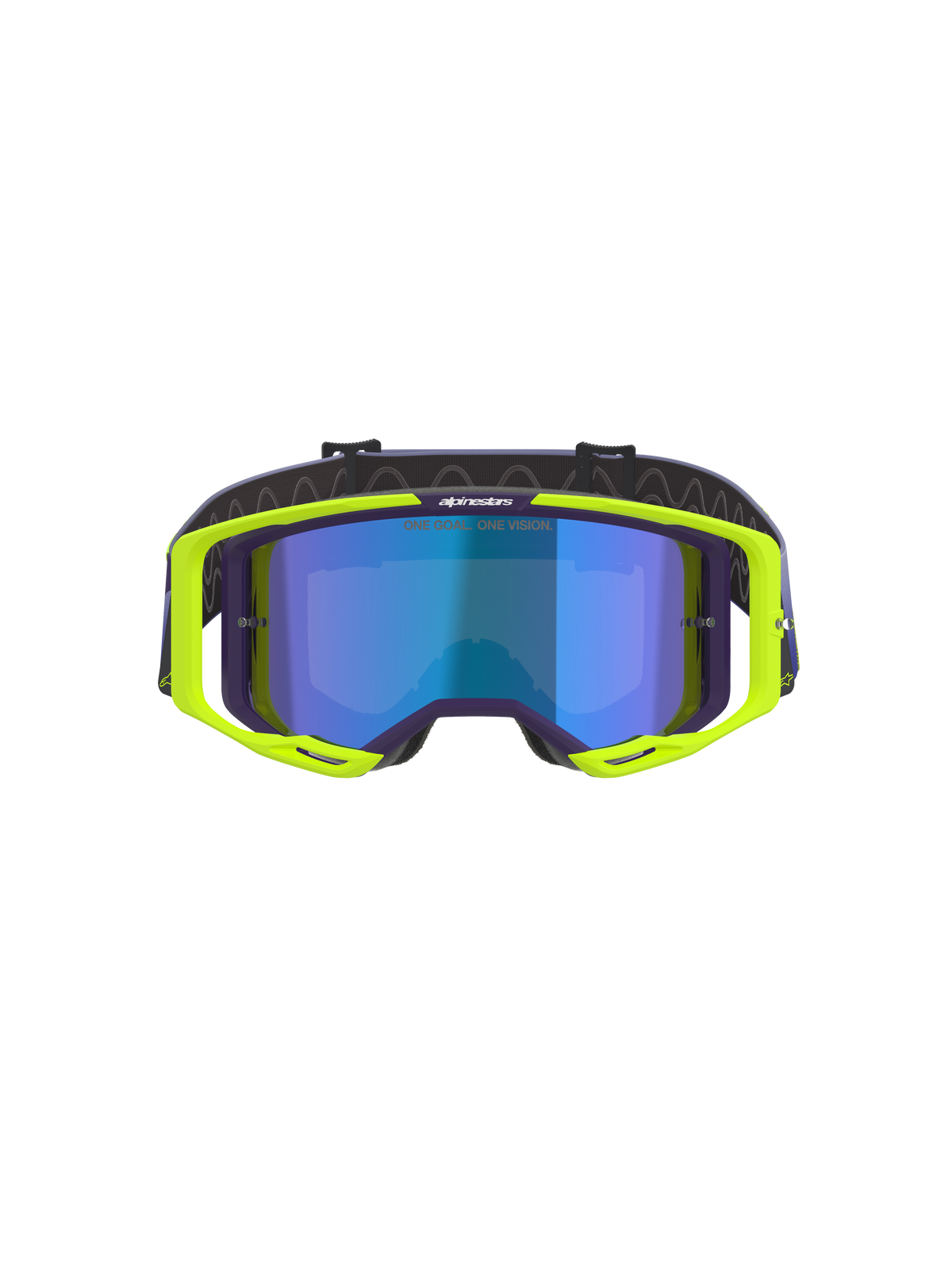 Alpinestars Vision 8 Corp Goggles, Motocross-Brille, Lila und Neongelb, mit blau verspiegelter Scheibe, neongelber A-FLEX-Rahmen mit lila Akzenten und verstellbarem lila Brillenband, leistungsstarke Offroad-Brille