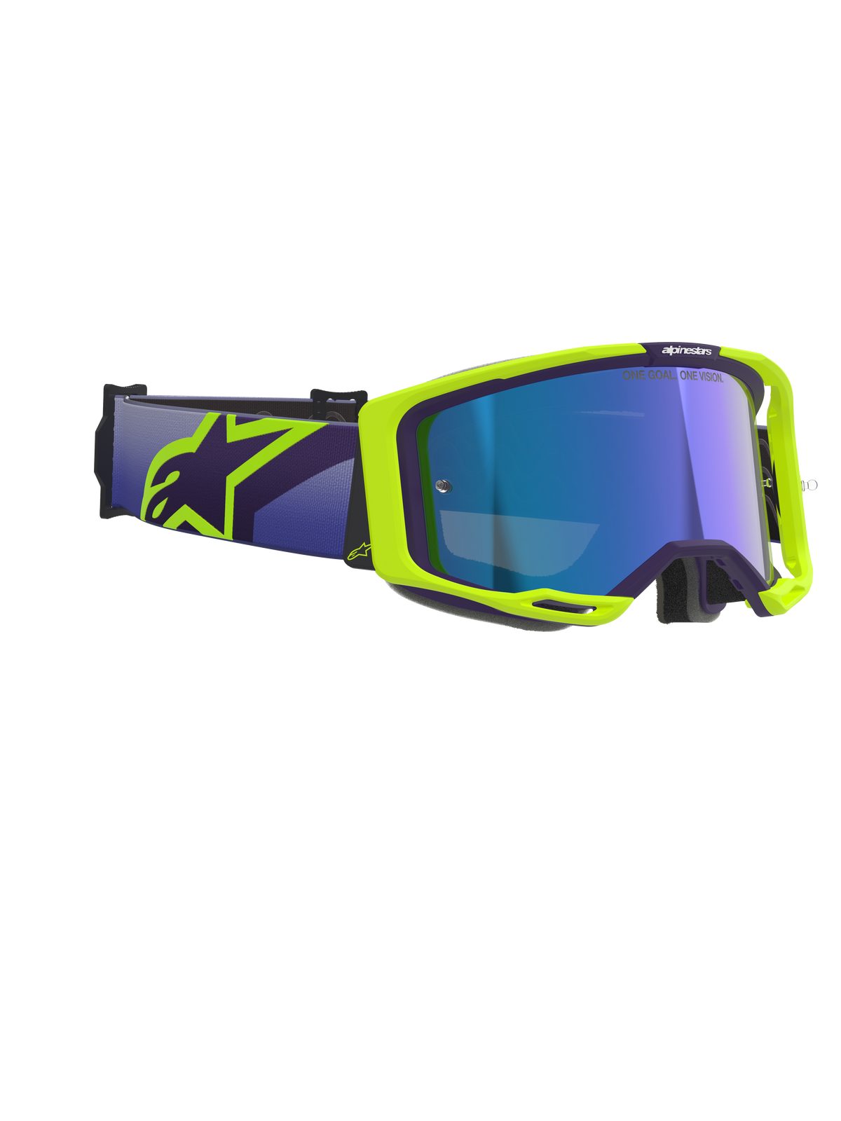 Alpinestars Vision 8 Corp Goggles, Motocross-Brille, Lila und Neongelb, mit blau verspiegeltem Brillenglas, breitem lila Brillenband mit markantem gelbem Alpinestars-Logo, flexibler Rahmen mit Belüftungsdetails für Offroad-Performance