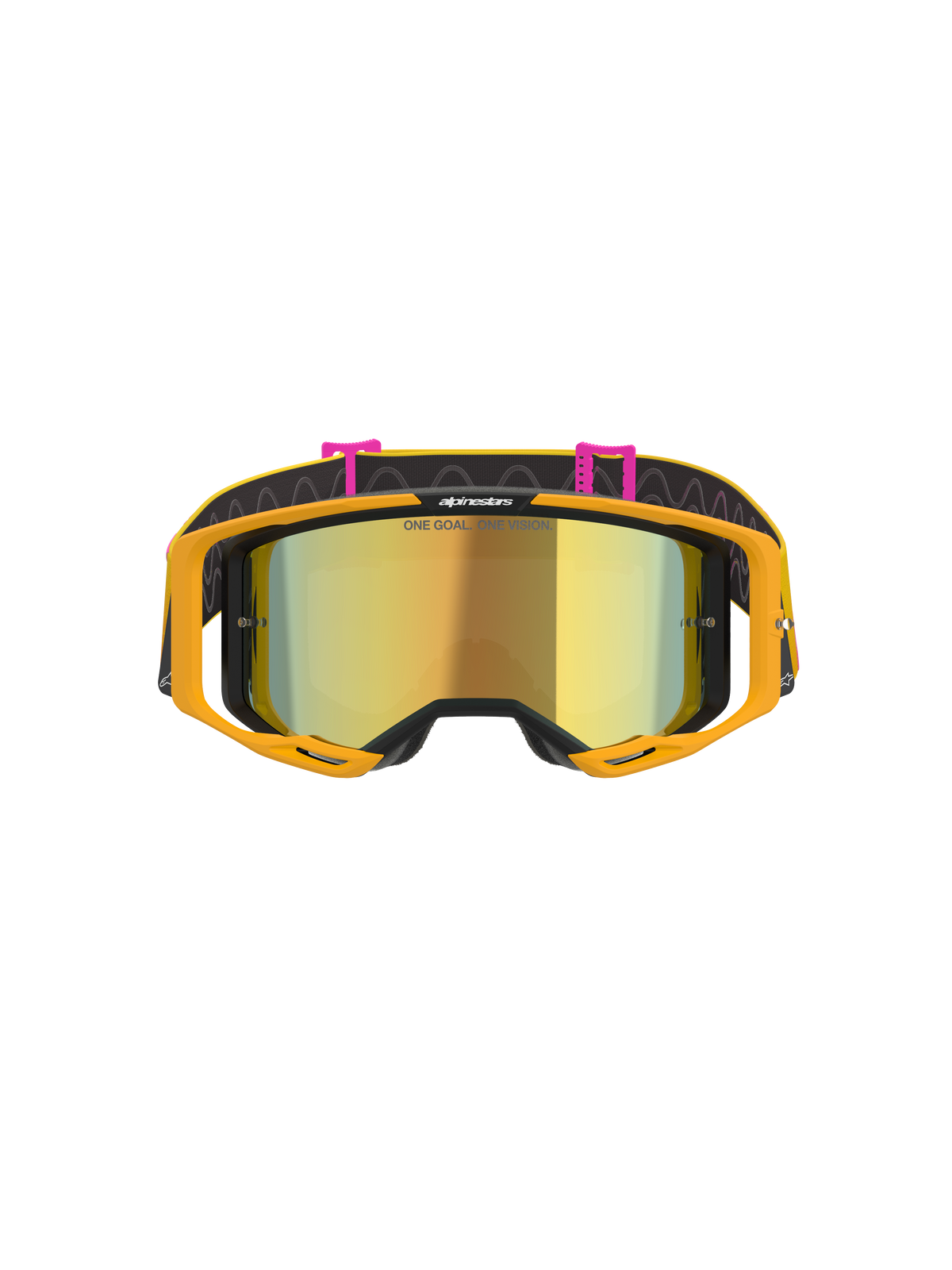 Alpinestars Vision 8 Corp Brille, Motocross-Brille, Orange Yellow Pink Mirror Gold, Vorderansicht mit gold verspiegeltem Brillenglas mit dem Schriftzug 'ONE GOAL. ONE VISION.', leuchtend oranger Rahmen und schwarzes Brillenband mit pinkfarbenen Clips und Wellenlinien-Muster.