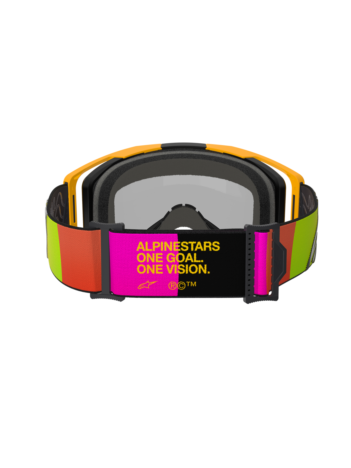 Alpinestars Vision 8 Corp Goggles, Motocross-Brille, Gelb und Pink, Rückansicht mit verstellbarem Band und dem Slogan „ALPINESTARS ONE GOAL. ONE VISION.“, leuchtende limetten- und orangefarbene Akzente, gelber Rahmen mit grauem Gesichtsschaum.