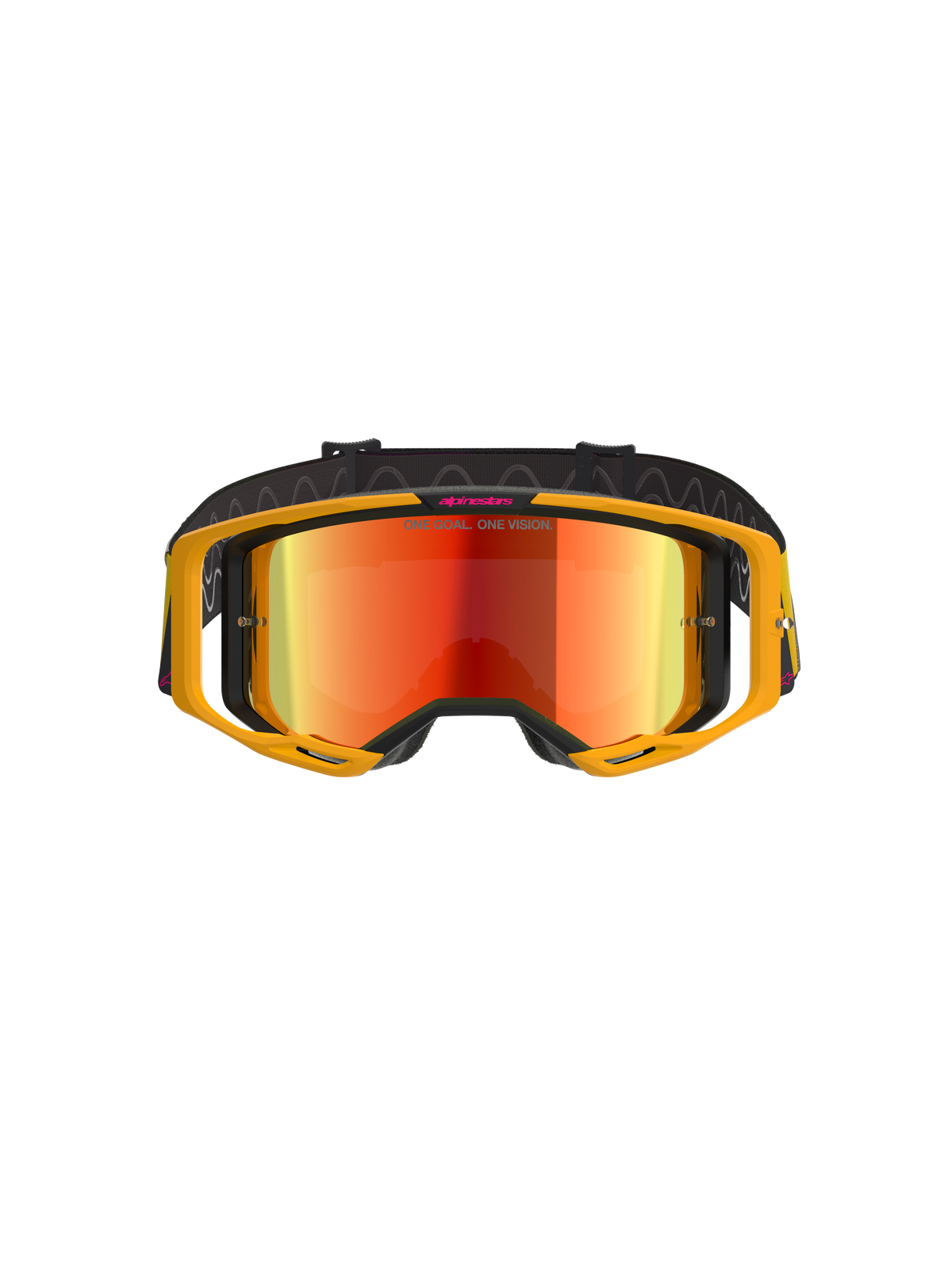 Alpinestars Vision 8 Corp Goggles, Motocross-Brille, Gelb und Pink mit verspiegelter roter Linse, mit einem leuchtend gelben A-FLEX-Rahmen, rot verspiegelter Scheibe und einem schwarzen Band mit pinkem Alpinestars-Branding und dem Text „ONE GOAL. ONE VISION.“, professioneller Augenschutz für den Offroad-Rennsport