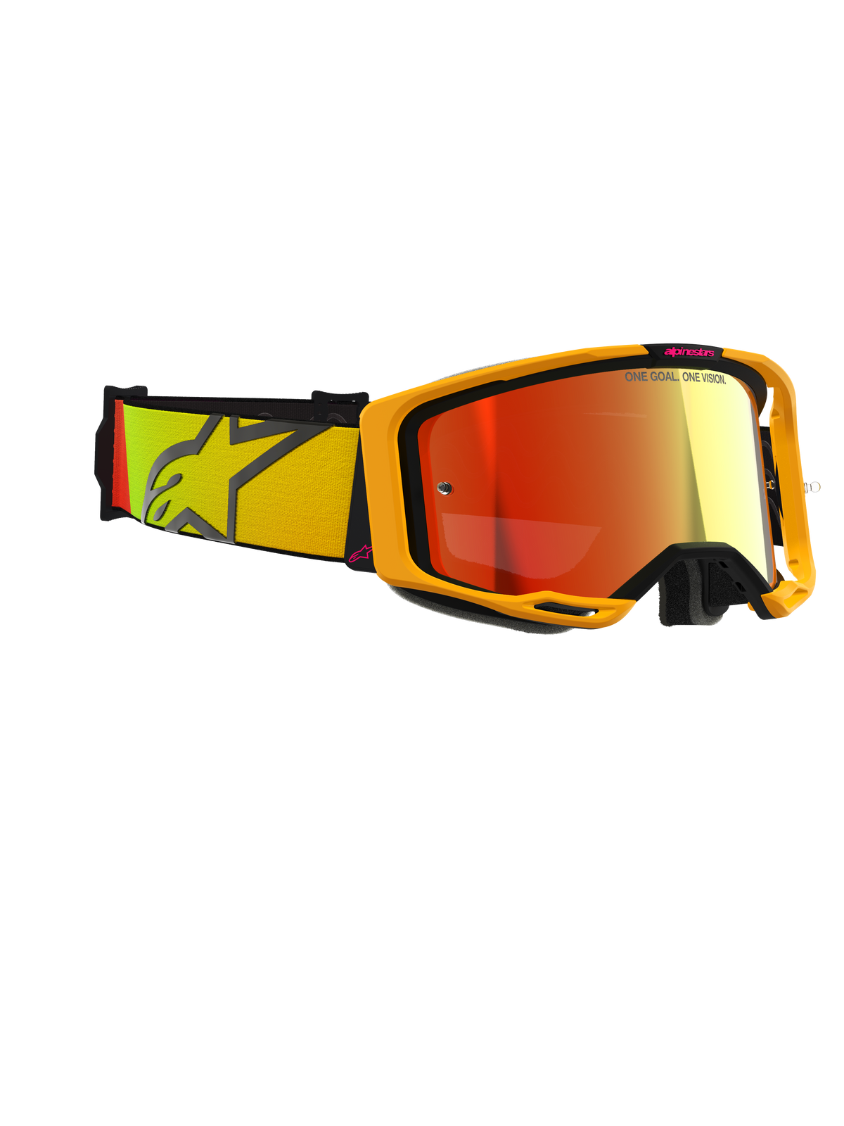Alpinestars Vision 8 Corp Goggles, Motocross-Brille, Gelb und Rosa mit rot verspiegelter Linse, breites gewebtes Band mit gelb-rosa Farbverlauf und großem Stern-Logo, leichter A-FLEX-Rahmen mit schwarzen Auslegern, Performance-Brille für den Offroad-Rennsport