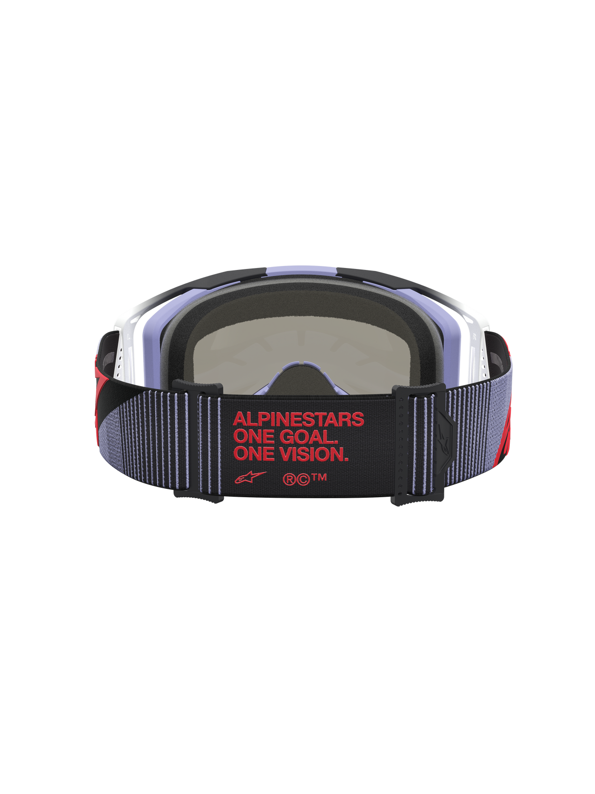 Alpinestars Vision 8 Maven Motocross Goggles, Lavender and Black, rear view with red "One Goal. One Vision." strap branding.