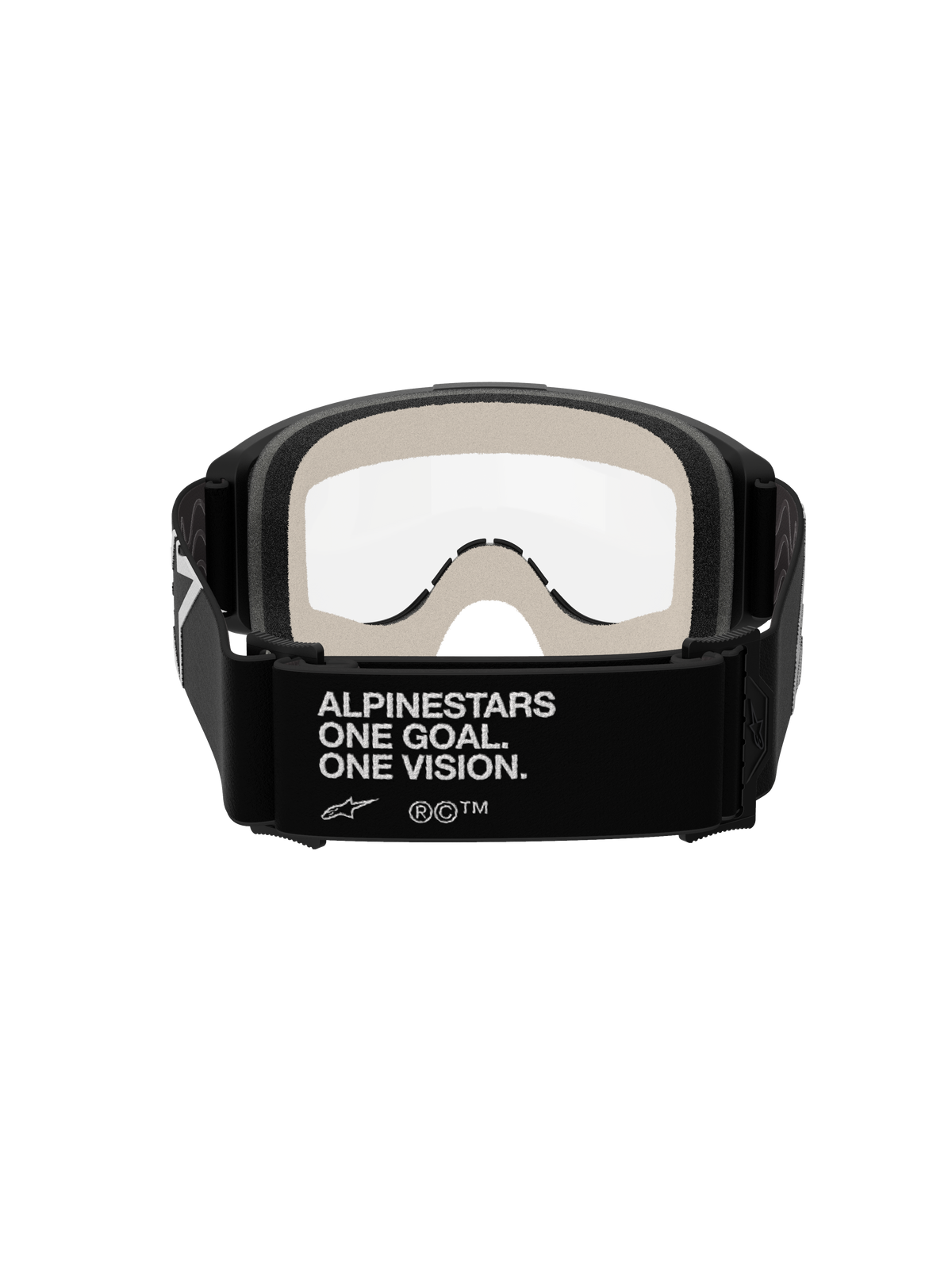 Alpinestars Vision 5 Corp Goggles, Motocross-Brille, Schwarz und Klar, Rückansicht mit schwarzem Band und weißem „ALPINESTARS ONE GOAL. ONE VISION.“-Branding, hellgrauem Gesichtsschaum und klarer Anti-Beschlag-Scheibe.