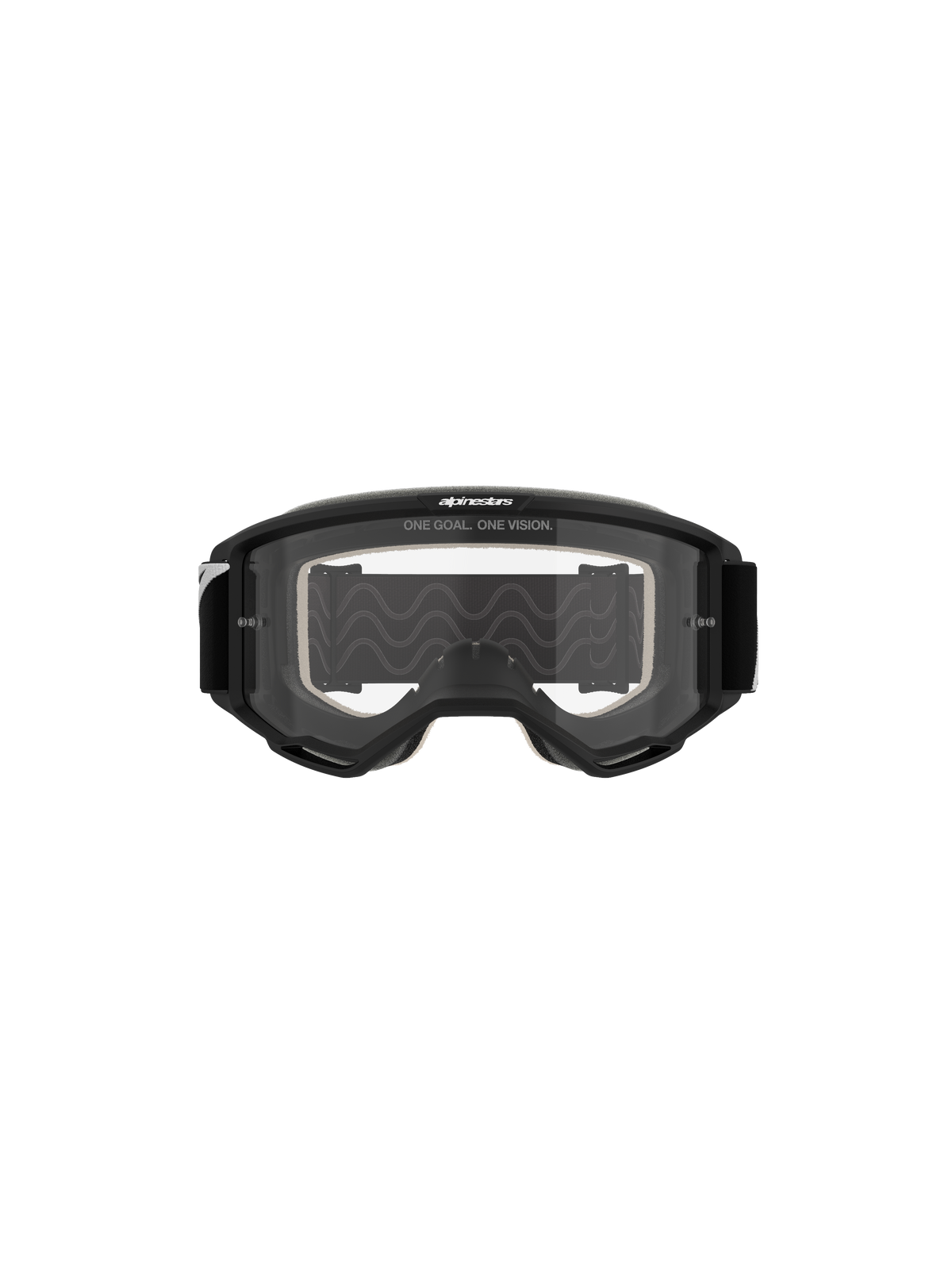 Alpinestars Vision 5 Corp Goggles, Motocross-Brille, schwarzer Rahmen mit klarer Linse, Frontansicht, mit 'ONE GOAL. ONE VISION.' Branding oben, weites Sichtfeld für den Offroad-Rennsport.