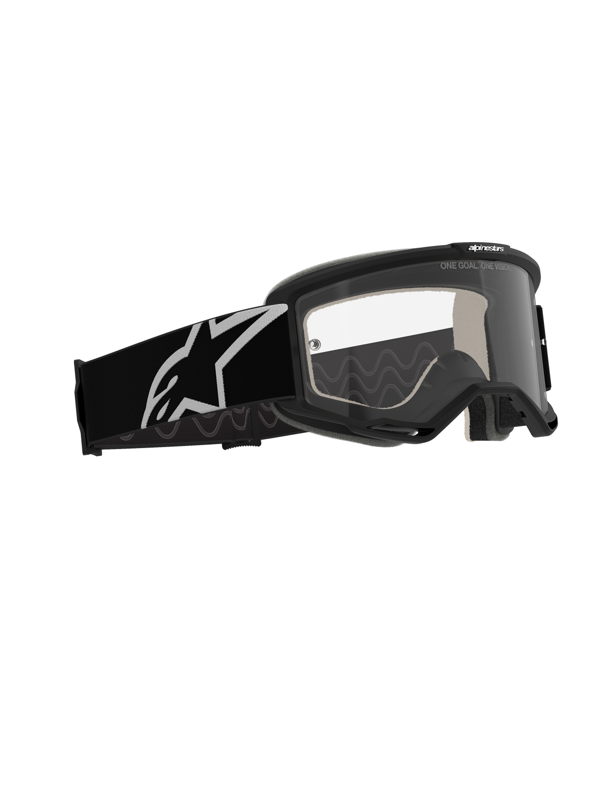 Alpinestars Vision 5 Corp Goggles, Motocross-Brille, schwarzer Rahmen mit klarer Anti-Beschlag-Linse, breites schwarzes Band mit weißem Astars-Logo, Performance-Offroad-Brille mit RAM-AIR-Belüftung