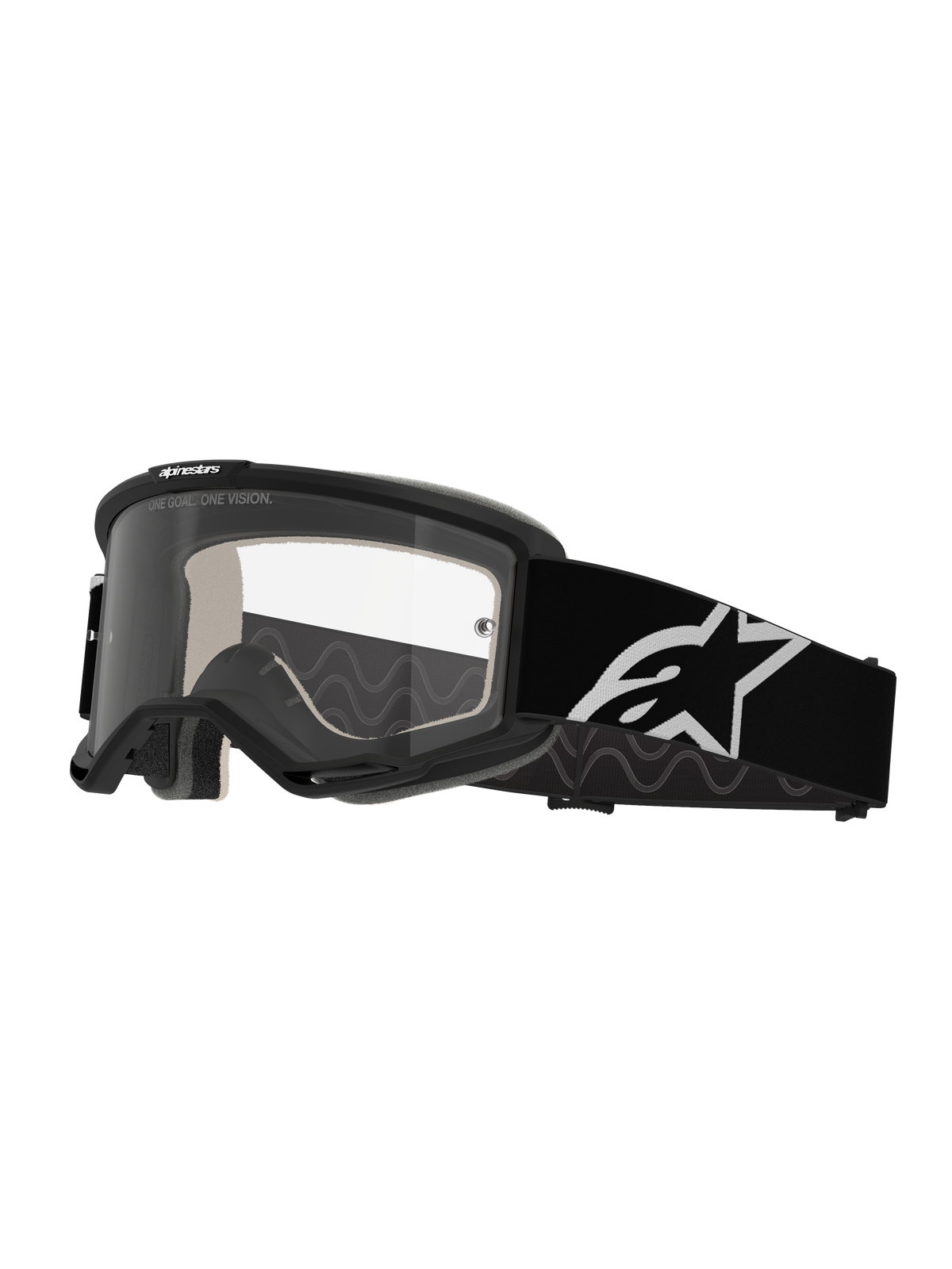Alpinestars Vision 5 Corp Goggles, Motocross-Brille, Schwarz und Klar, klare Antibeschlag-Linse, schwarzer Rahmen mit RAM-AIR-Belüftung, breites schwarzes Band mit weißem Stern-Logo, konzipiert für den Offroad-Rennsport
