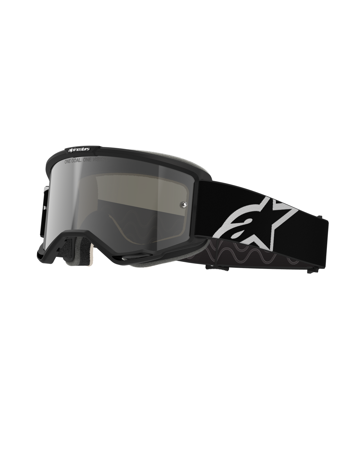 Alpinestars Vision 5 Corp Goggles, Motocross-Brille, schwarzer Rahmen mit silber verspiegelten Gläsern, breites verstellbares schwarzes Band mit großem weißen Alpinestars Stern-Logo, gepolsterter Gesichtsschaum, One Goal One Vision Branding
