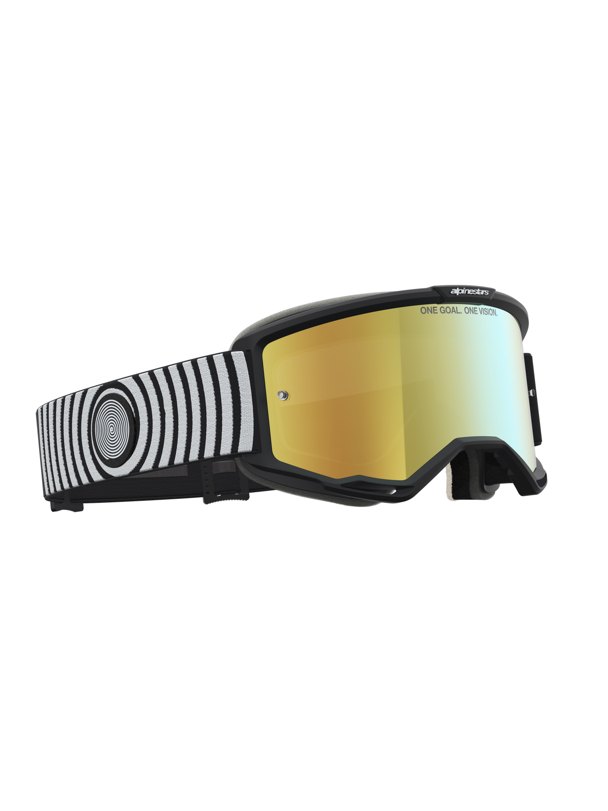Alpinestars Vision 5 Hone Schutzbrille, Motocross-Goggles, Schwarz und Weiß, goldene Spiegel-Linse und flexibler A-FLEX Rahmen.