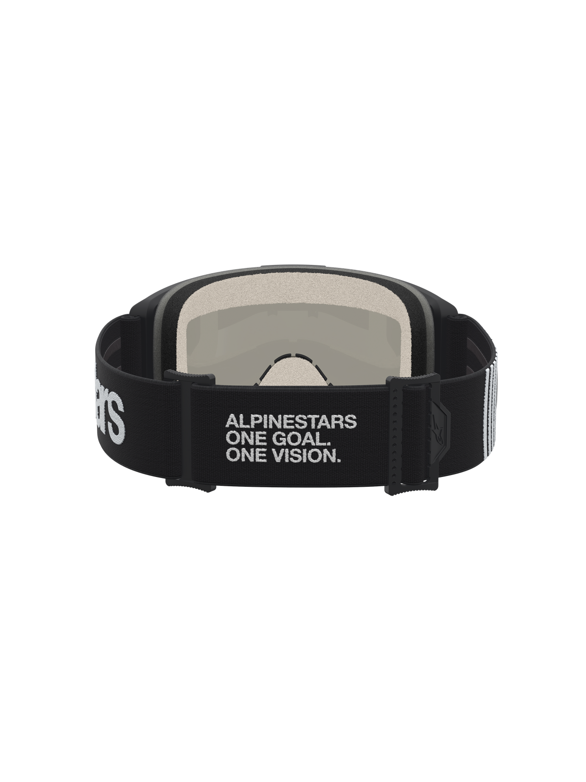 Alpinestars Vision 5 Hone Motocross-Schutzbrille, Schwarz-Weiß, Band mit One Goal One Vision Schriftzug und Schaumstoff.