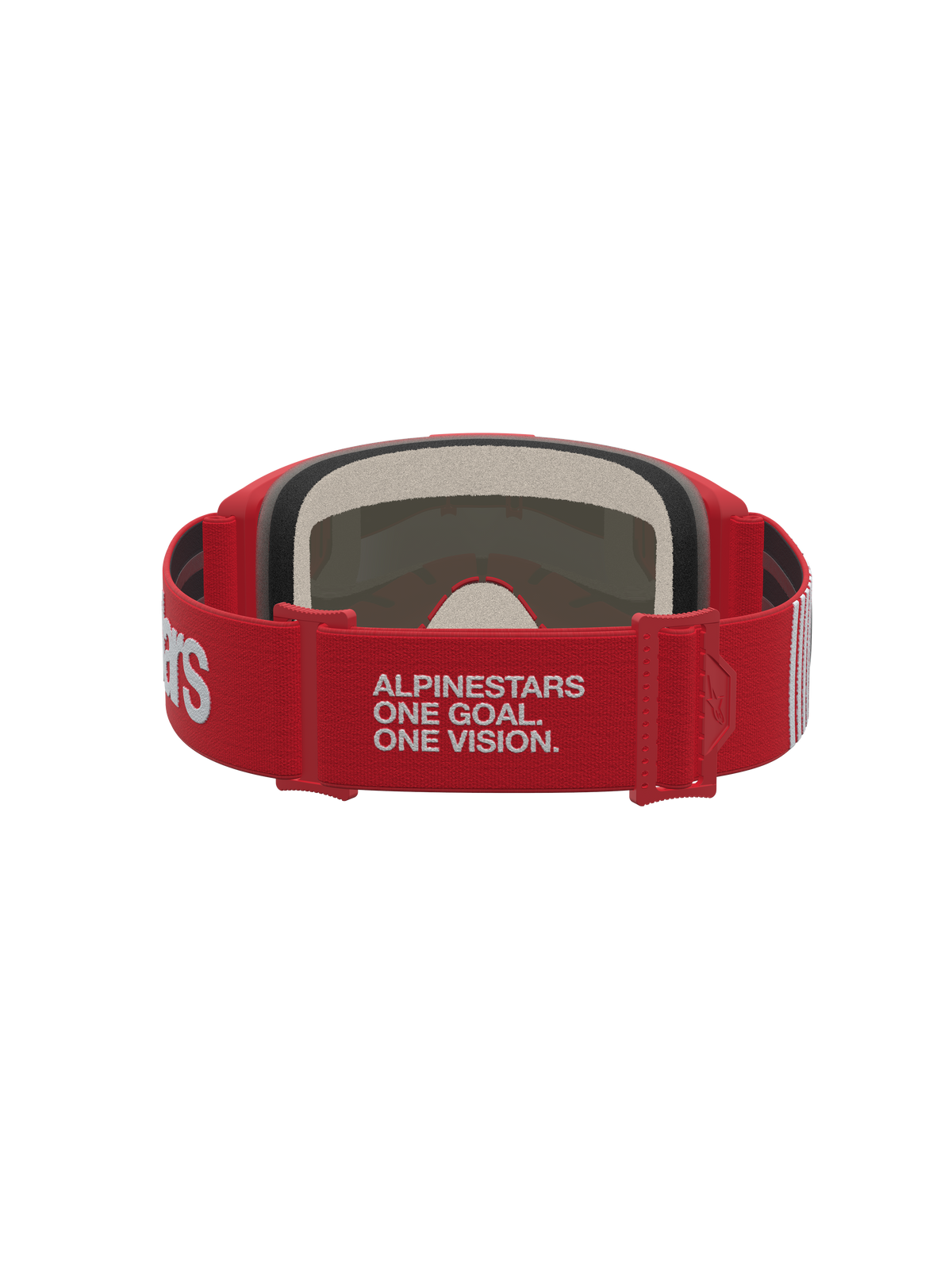 Alpinestars Vision 5 Schutzbrille Hone, Motocross-Brille in Rot und Weiß mit One Goal One Vision-Branding am Kopfband.