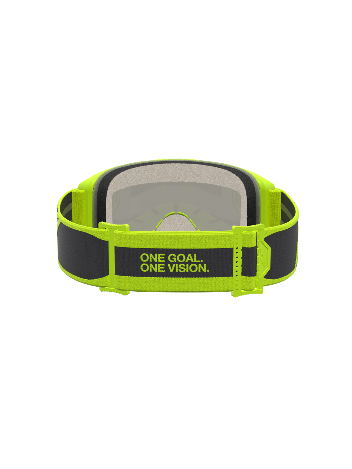 Alpinestars Vision 5 Rora Motocross Goggles, Black and Yellow Fluo, featuring the 'ONE GOAL. ONE VISION.' branded strap.