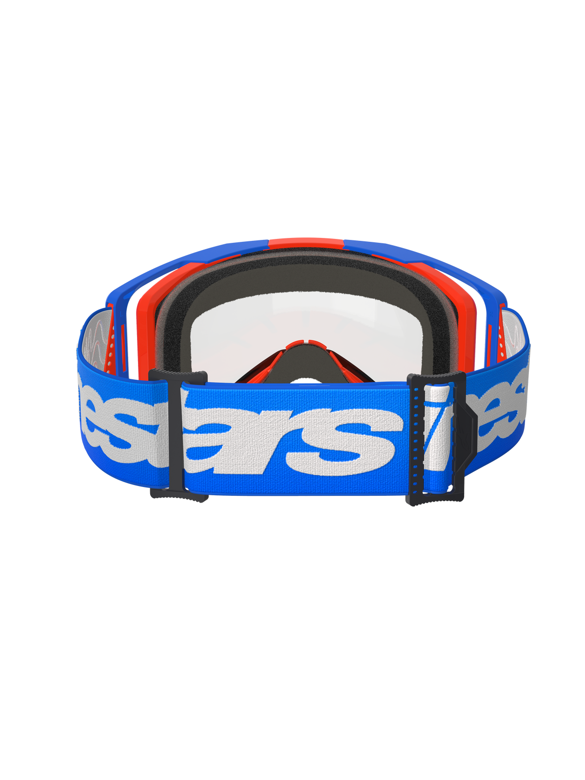 Alpinestars Vision 8 Wordmark Goggles, Motocross Goggles, Blue and Orange with Clear Lens, wide blue strap with white Alpinestars branding, high-performance eyewear for off-road racing