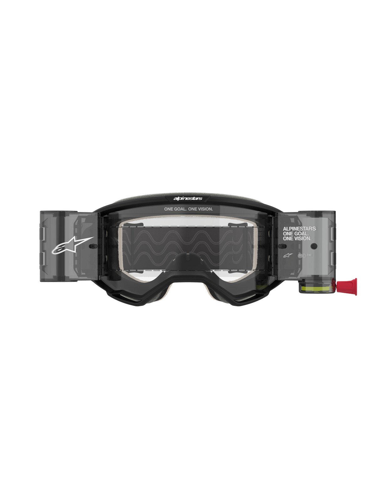 Alpinestars Vision 5 Corp Goggles Roll Off, Motocross Goggles, Black with Clear Lens, featuring integrated Wide Vision Roll-Off system canisters, anti-fog polycarbonate lens, A-FLEX urethane frame, and bold Alpinestars branding.