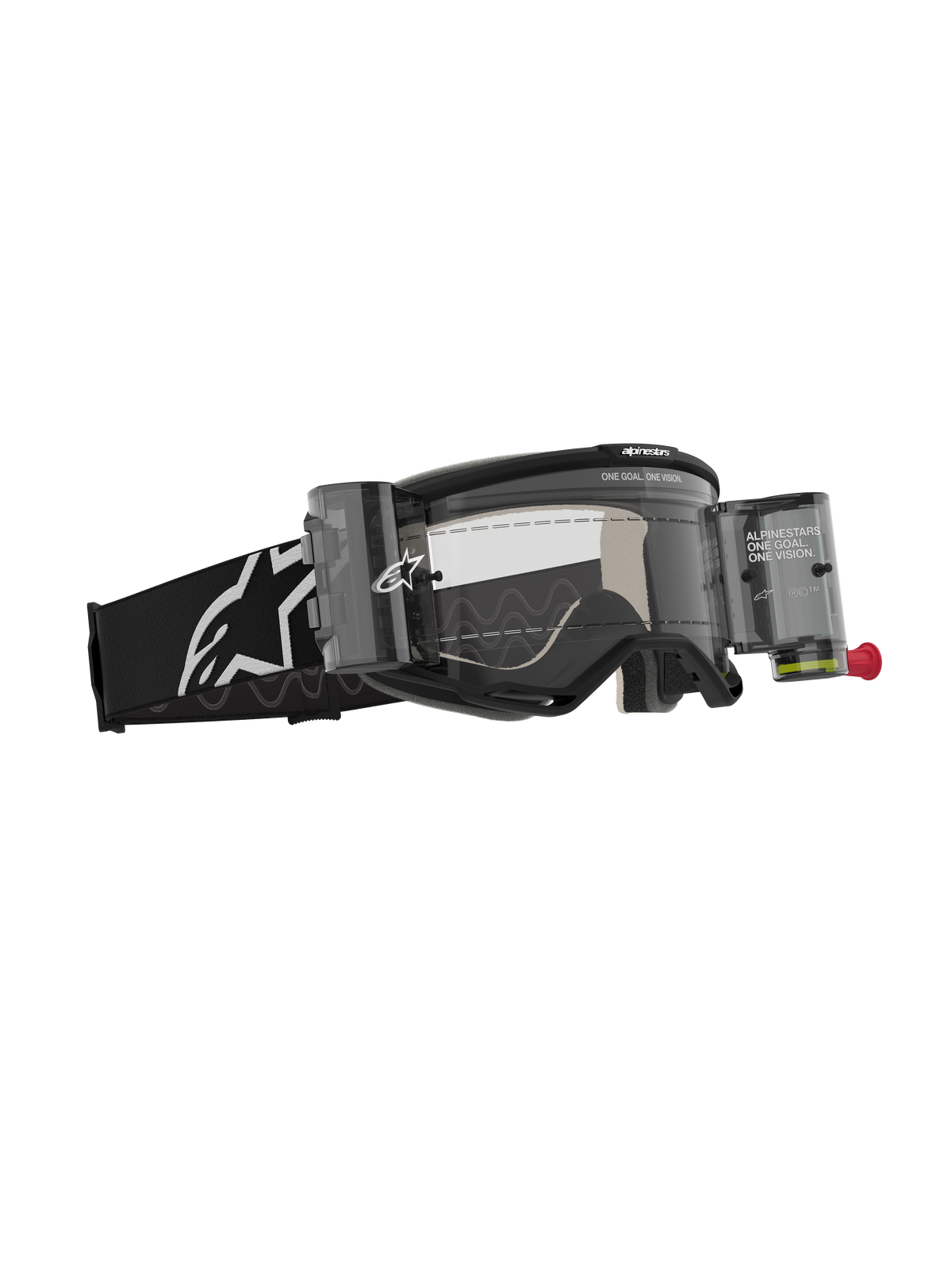 Alpinestars Vision 5 Corp Goggles Roll Off, Motocross Goggles, Black with Clear Lens, featuring Wide Vision Roll-Off system with canisters and film, black woven strap with white Alpinestars logo, high-performance eye protection for off-road racing.