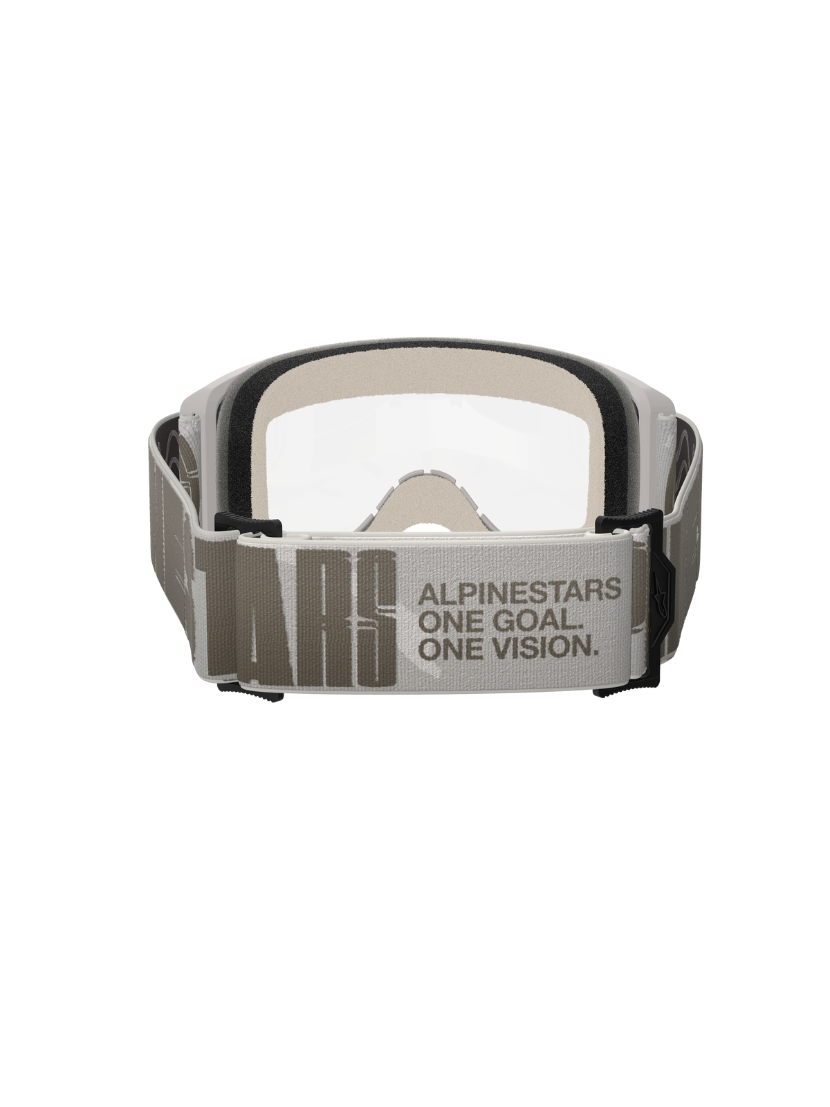 Alpinestars Vision 5 Hollow Goggles, Motocross-Schutzbrille, Wind Clear, Rückansicht mit Fokus auf den breiten hellgrauen Gurt mit Alpinestars-Branding und „One Goal One Vision“-Slogan, weißer Rahmen mit klarem Glas und sichtbarem dickem Gesichtsschaum