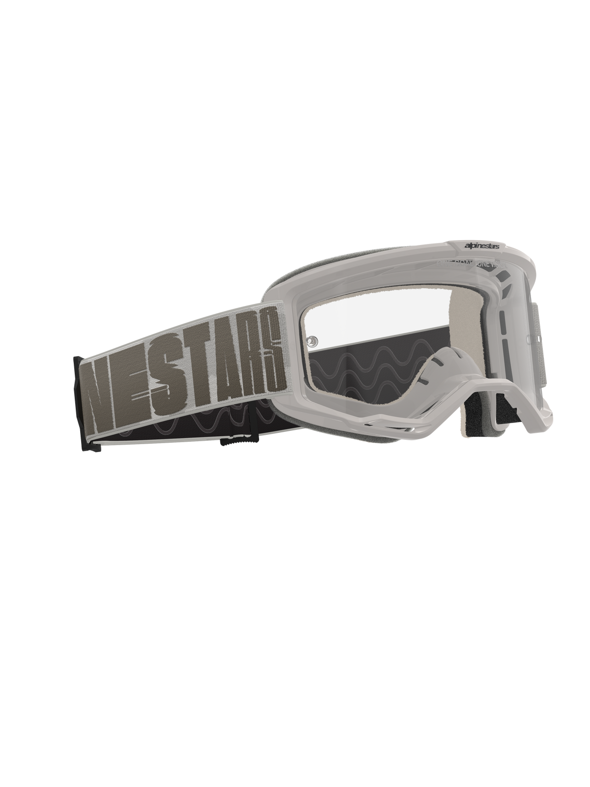Alpinestars Vision 5 Hollow Schutzbrille, Motocross-Brille, Wind Clear, hellgrauer Rahmen mit klarer Anti-Beschlag-Scheibe, breites gewebtes Band mit markantem 'NESTARS'-Schriftzug, Hochleistungs-Schutzausrüstung für den Offroad-Rennsport
