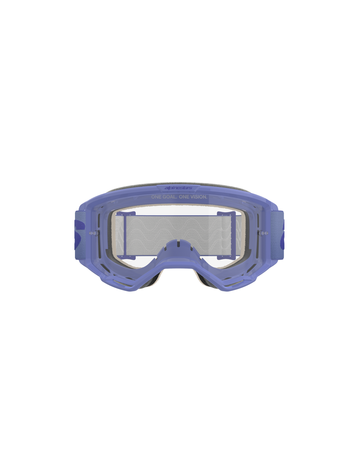 Alpinestars Vision 5 Wordmark Goggles, Lila und Klar, mit leichtem A-FLEX Urethan-Rahmen, klarer Anti-Beschlag-Polycarbonatlinse mit 'ONE GOAL. ONE VISION.'-Branding, 17 mm mehrschichtigem Gesichtsschaum und lila gewebtem Band mit markantem Wordmark-Logo, professioneller Motocross-Augenschutz